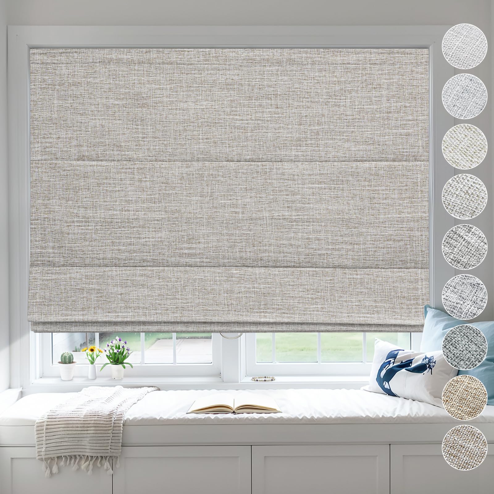 Moonice Cordless Roman Blinds Blackout Linen Roman Shades Waterproof Fabric Shades for Indoor Windows Thermal Insulated Window Blinds for Bedroom Home Office Light Brown, 135cm W x 90cm H