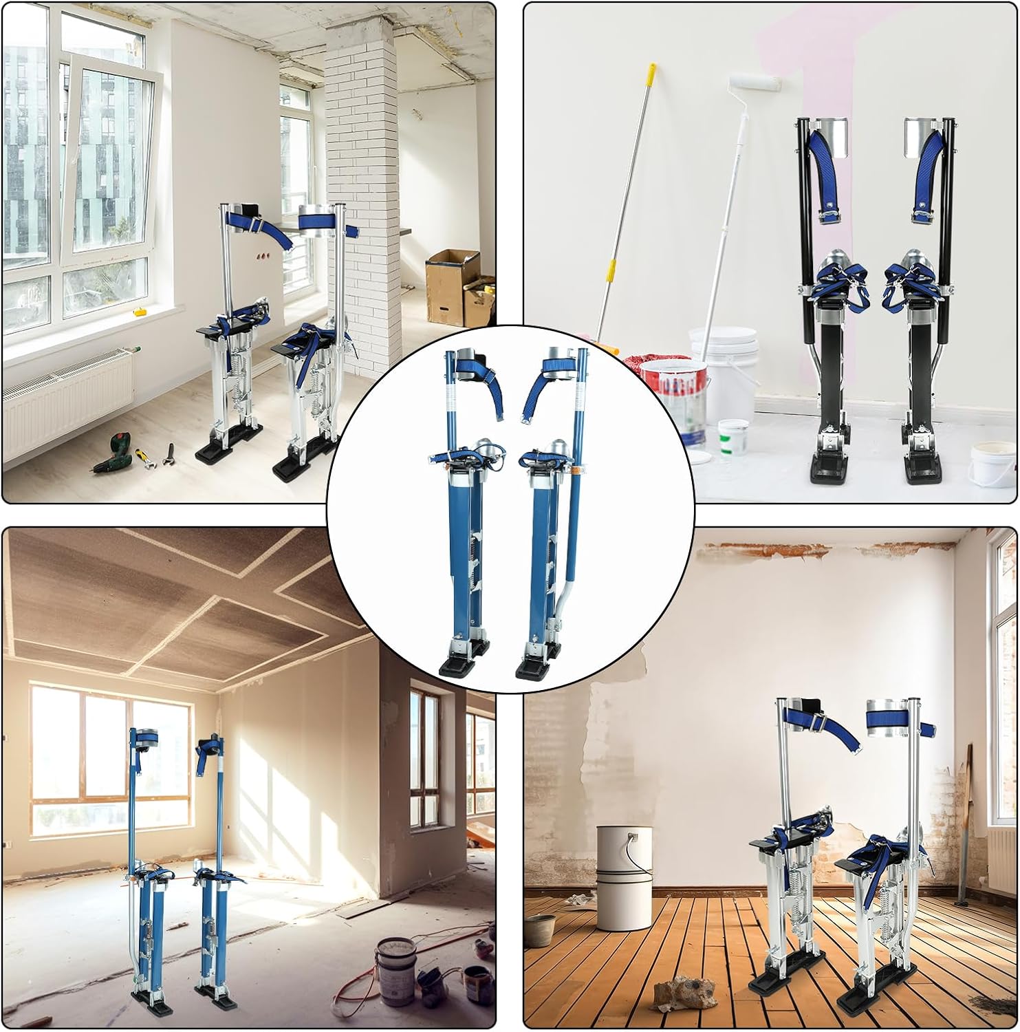 Blue Drywall Stilts 18-30 Inch Height Adjustable Lifts Aluminum Tool with Protective Knee Pads and Non-Slip Work Stilts for Finishing Pruning Branches Cleaning