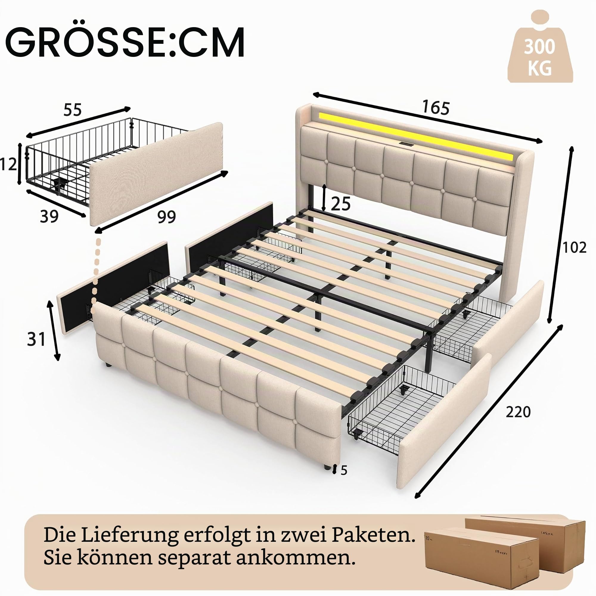 Leinen-Bettgestell 160x200 cm mit AC & USB Anschlüssen, Beige | Ladestation, 4 Schubladen, Polsterbett, LED-Beleuchtung, ohne Matratze, Holzlattenrost