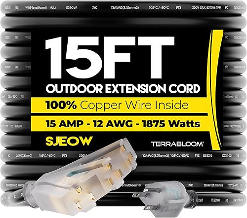 SJEOW - Cable de extensión para exteriores de 15 pies, 123, goma flexible, triple tomacorriente, cable negro con indicador de luz de alimentación