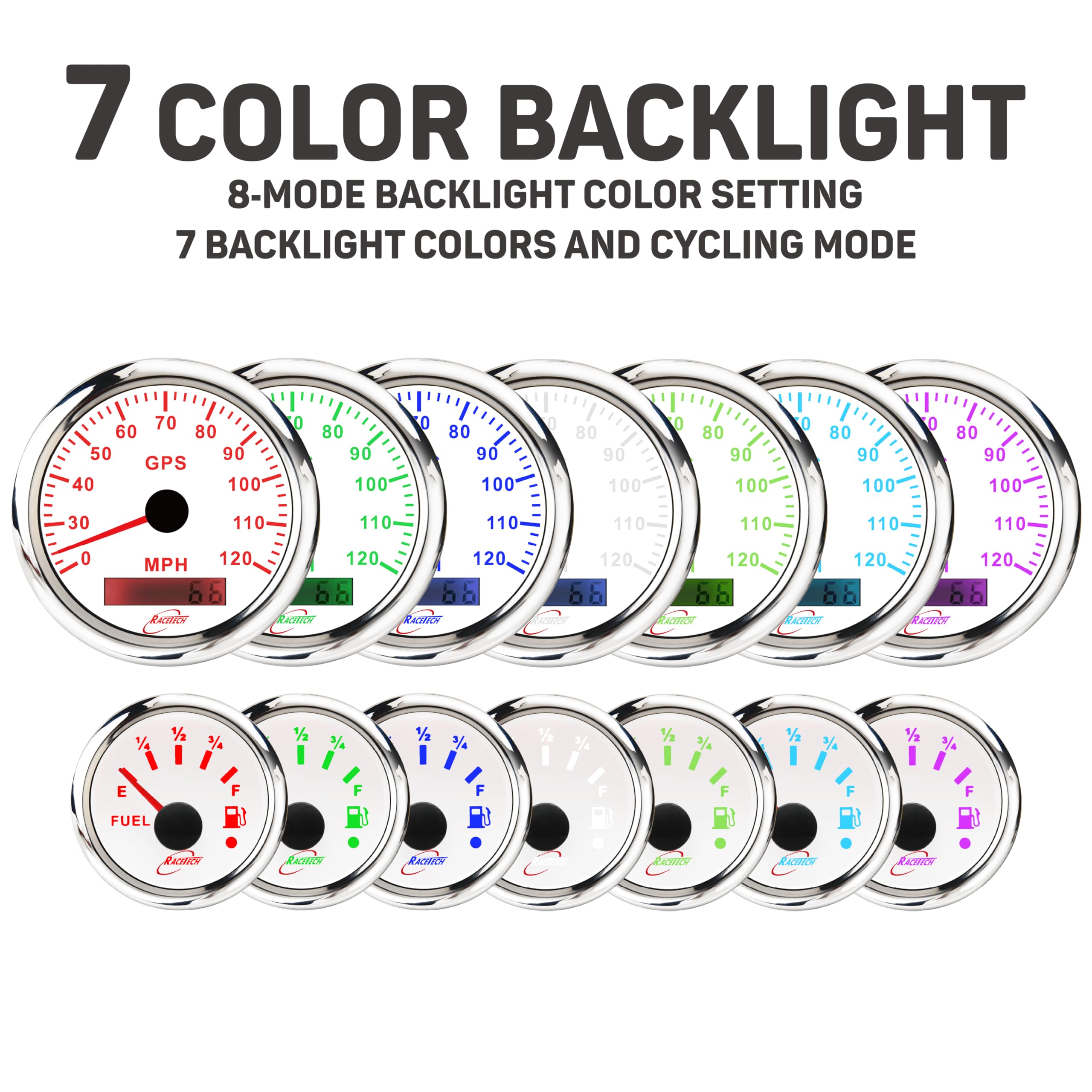 RACETECH 6 Strumenti Gauge Set 120 MPH 8000 RPM - Quadrante Bianco