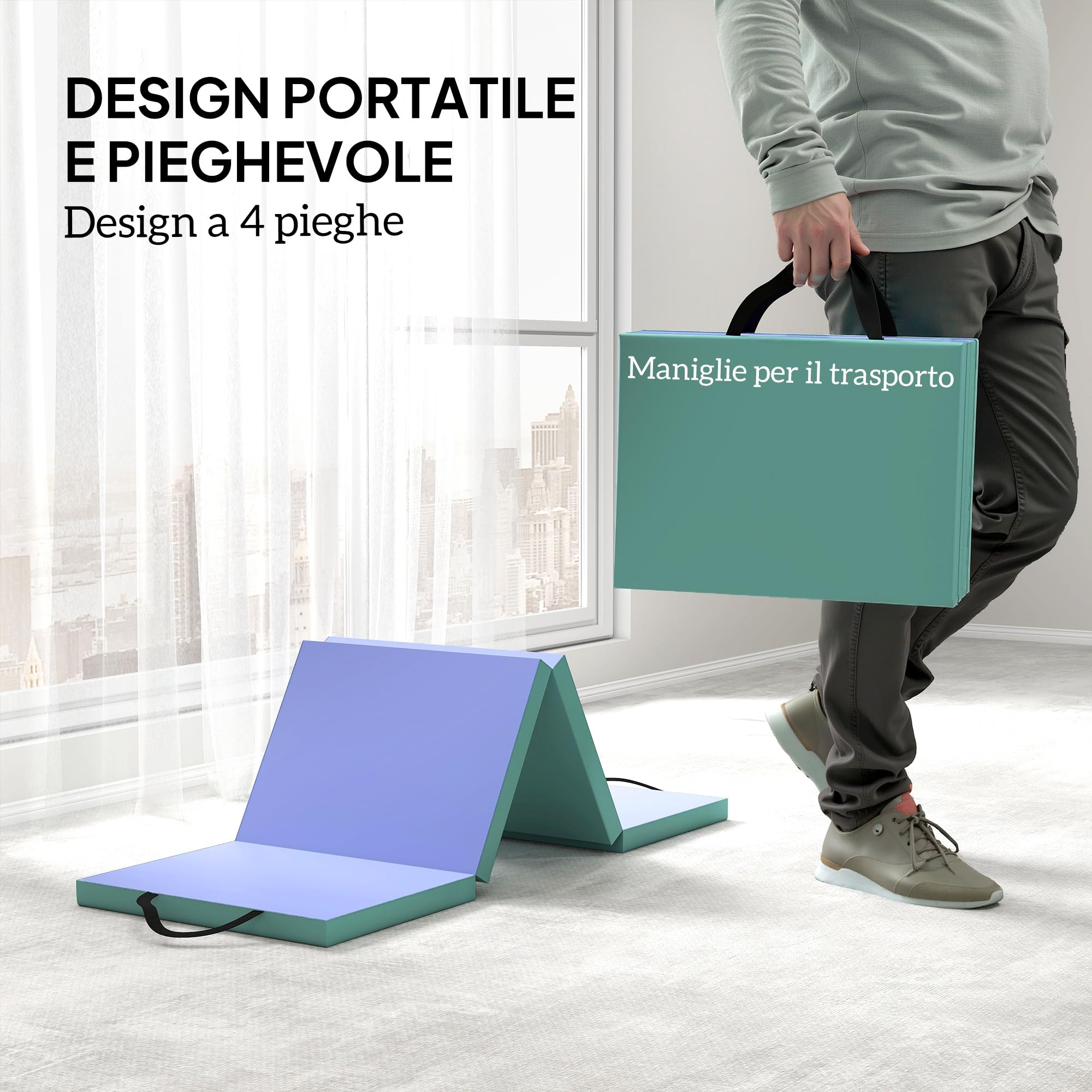 SPORTNOW Tappeto Fitness Pieghevole e Imbottito con 2 Maniglie, Tappeto Palestra in Plastica ed EPE, 180x60x5 cm, Verde e Viola