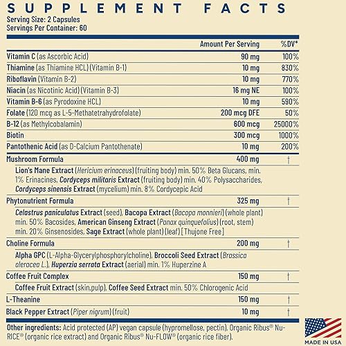 Miniatura 6 de Brain-fx Vitaminas B y hierbas para la memoria y la concentración, suplemento nootrópico, complejo B metilado colina Bacopa leones melena Cordyceps