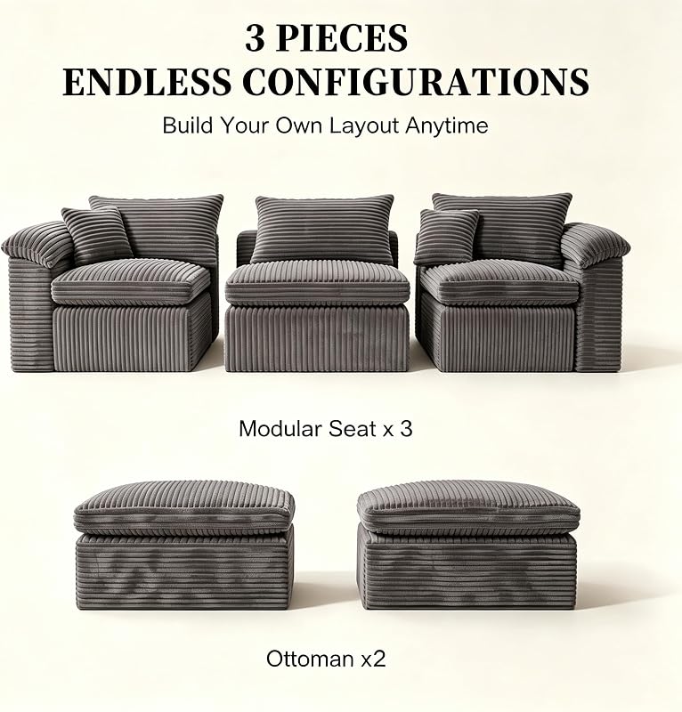 106" Cloud Couch Sectional Modular Sofa, 3-Seater Sofa with 2 Ottoman image 6