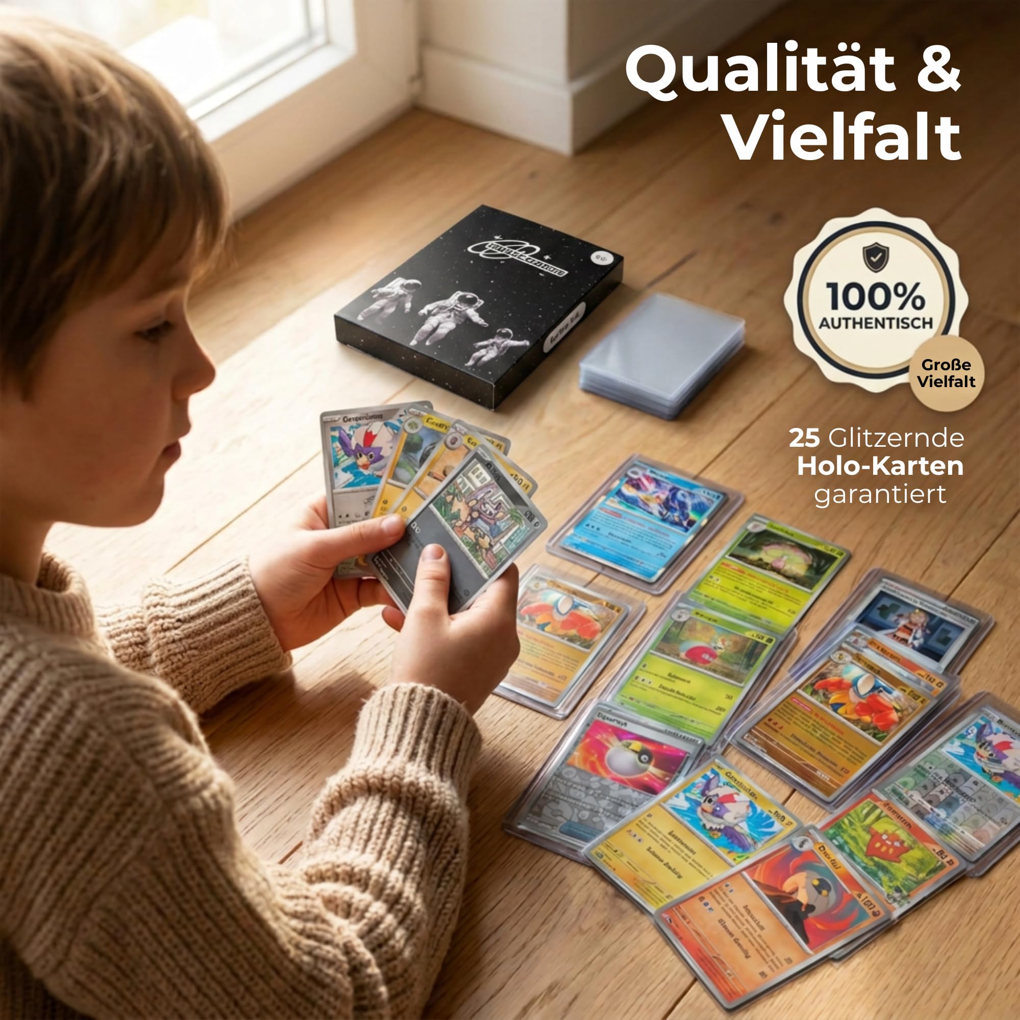 200 Karten Set - Pokemon Karten Deutsch – Originale Pokemon Sammelkarten inkl. 25 Holo/Reverse Holo + 100 Kartenhüllen – TCG Bundle – Sammelkarten Geschenkbox – Geschenk für Kinder & Sammler