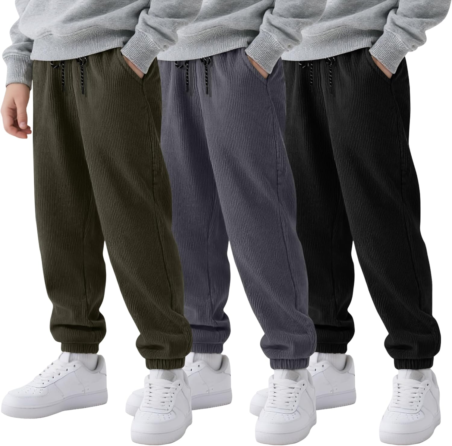 3 Pack Boys Joggers Kids Corduroy Sweatpants Casual Elastic Waist Drawstring Athletic Uniform Pants with Pockets