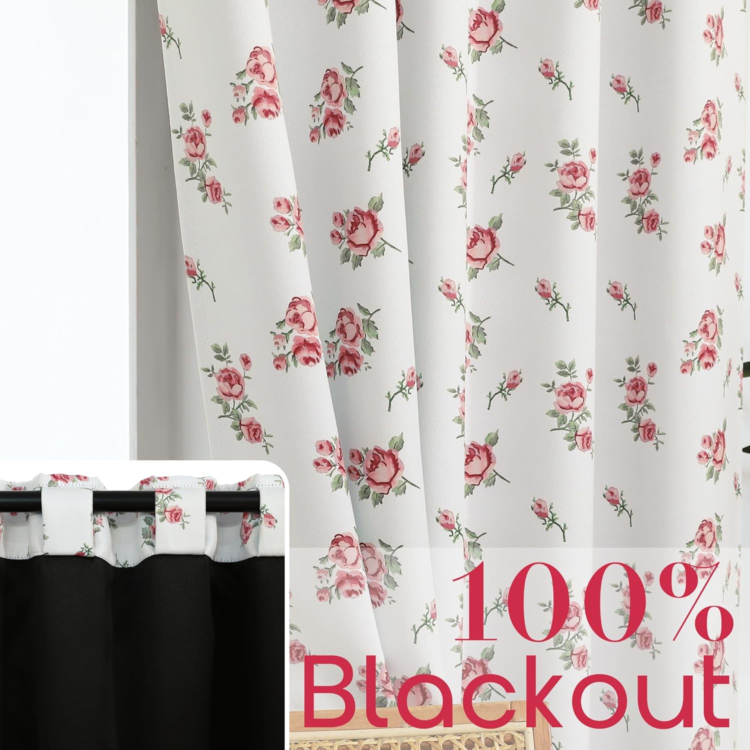 Pink Cute Floral Blackout Curtains for Nursery Girls Bedroom,Vintage Shabby Chic Light Pink White Green Boho Cottage Core Curtains for Kids Teen Coquette Room Decor 84 Inch Long 2 Panels
