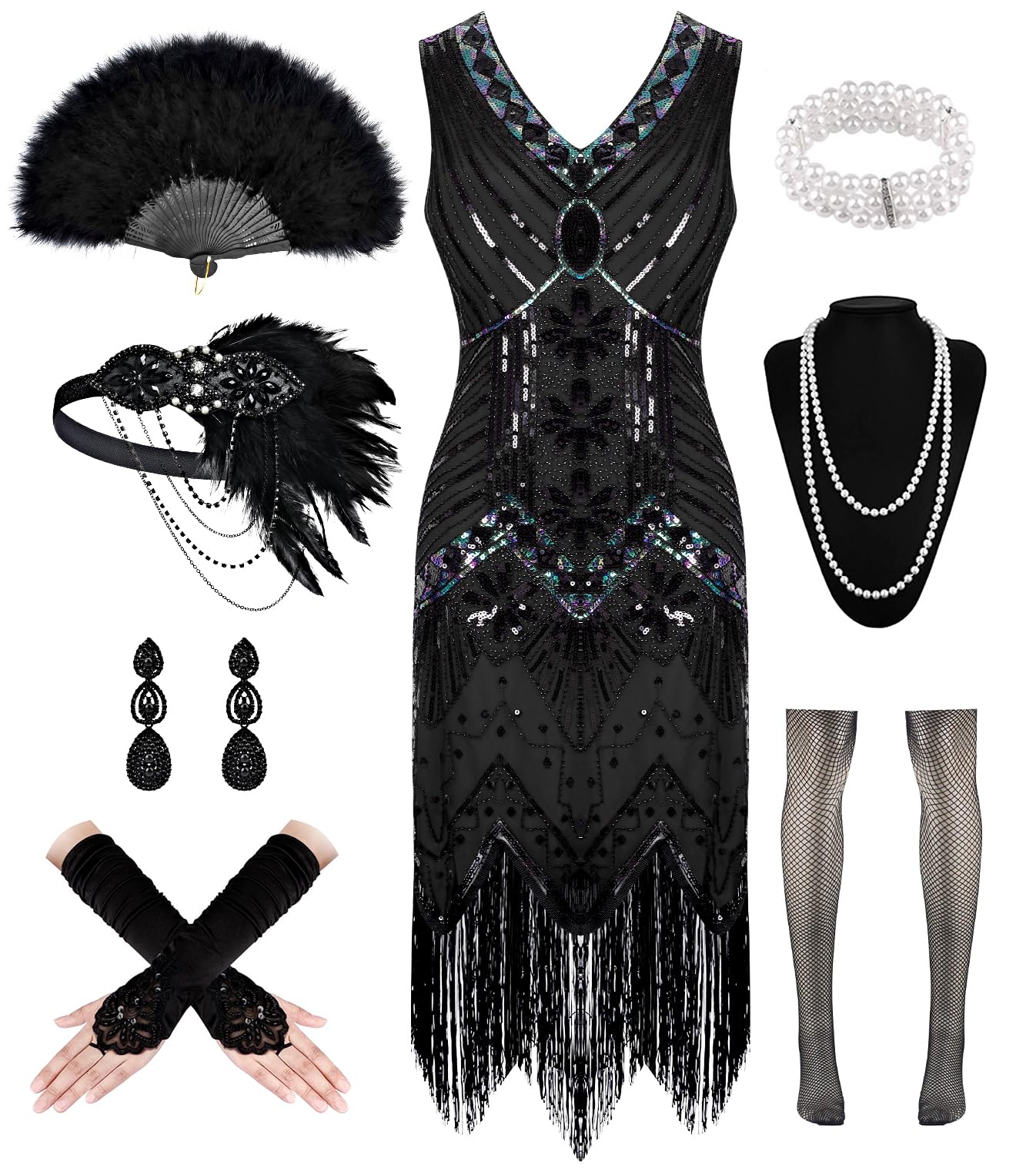 WILDPARTY 1920s Dresses for Women Flapper Dress Lace Fan Fether Headband Sequins Beads Fringes 20s Accessories Vintage Mafia Costume AllBlack M