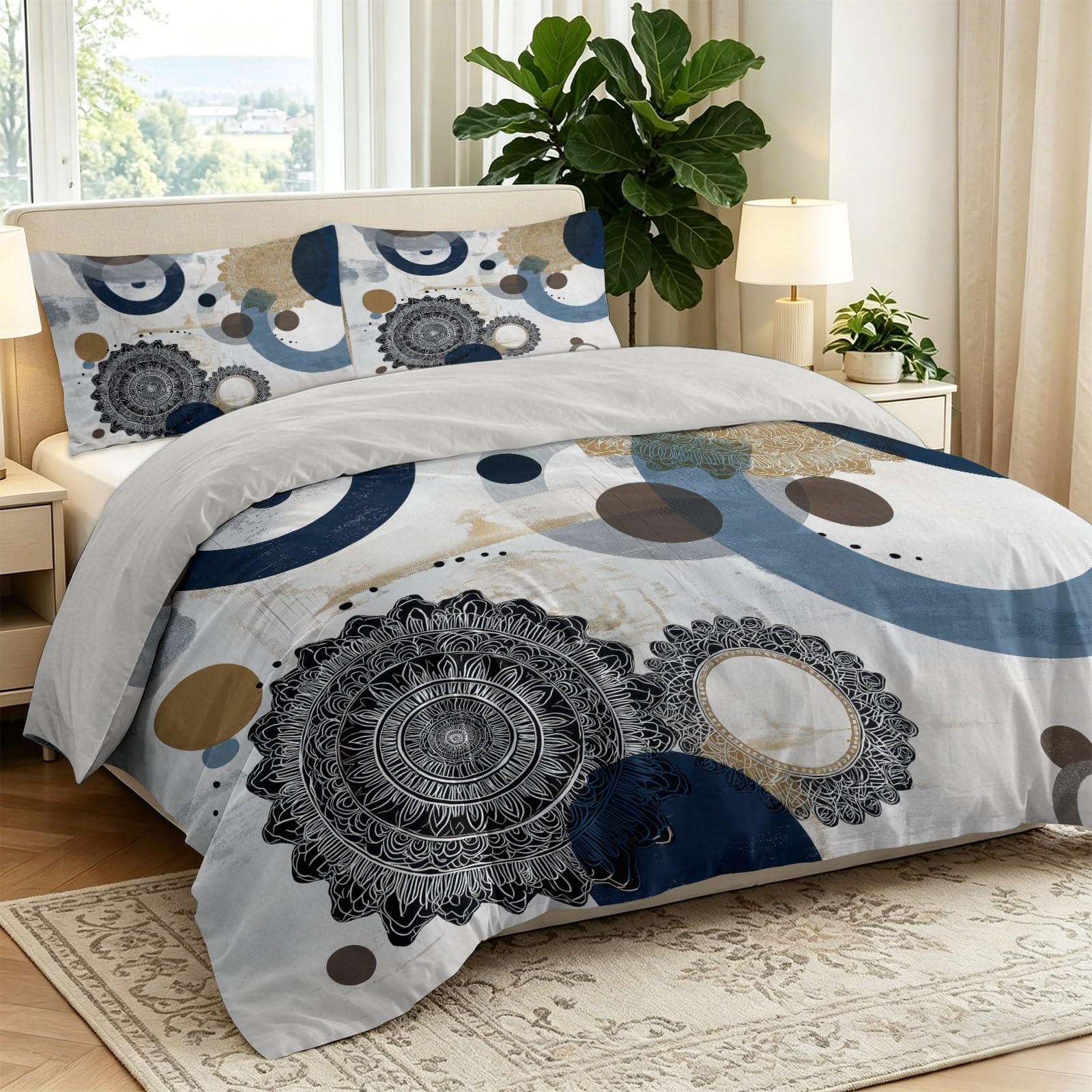 Nowoczesny geometryczny zestaw pościeli 3-częściowy w kółkach, miękka i odporna na zagniecenia poszwa na kołdrę 140 x 200 cm i 2 poszewki na poduszki 80 x 80 cm, 2-osobowy zestaw pościeli z zamkiem