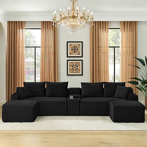 Flyida U Shaped Cloud Couch Sectional, 127" Comfy Fluffy Plush Corduroy Boneless Sectional Couches for Living Room, Modern Modular Sectionals Sofa with Cup Holders & USB Port, Black