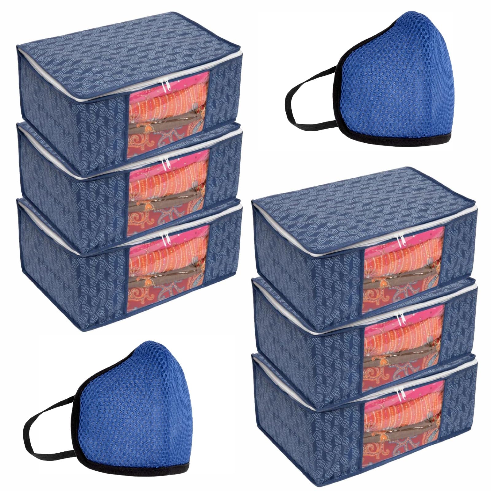Homestrap Set of 6 Non-Woven Printed Saree Cover with 2 Masks | Cloth Storage/Organizer with Transparent Window & Zipper (Navy Blue) (Featured on Shark Tank)