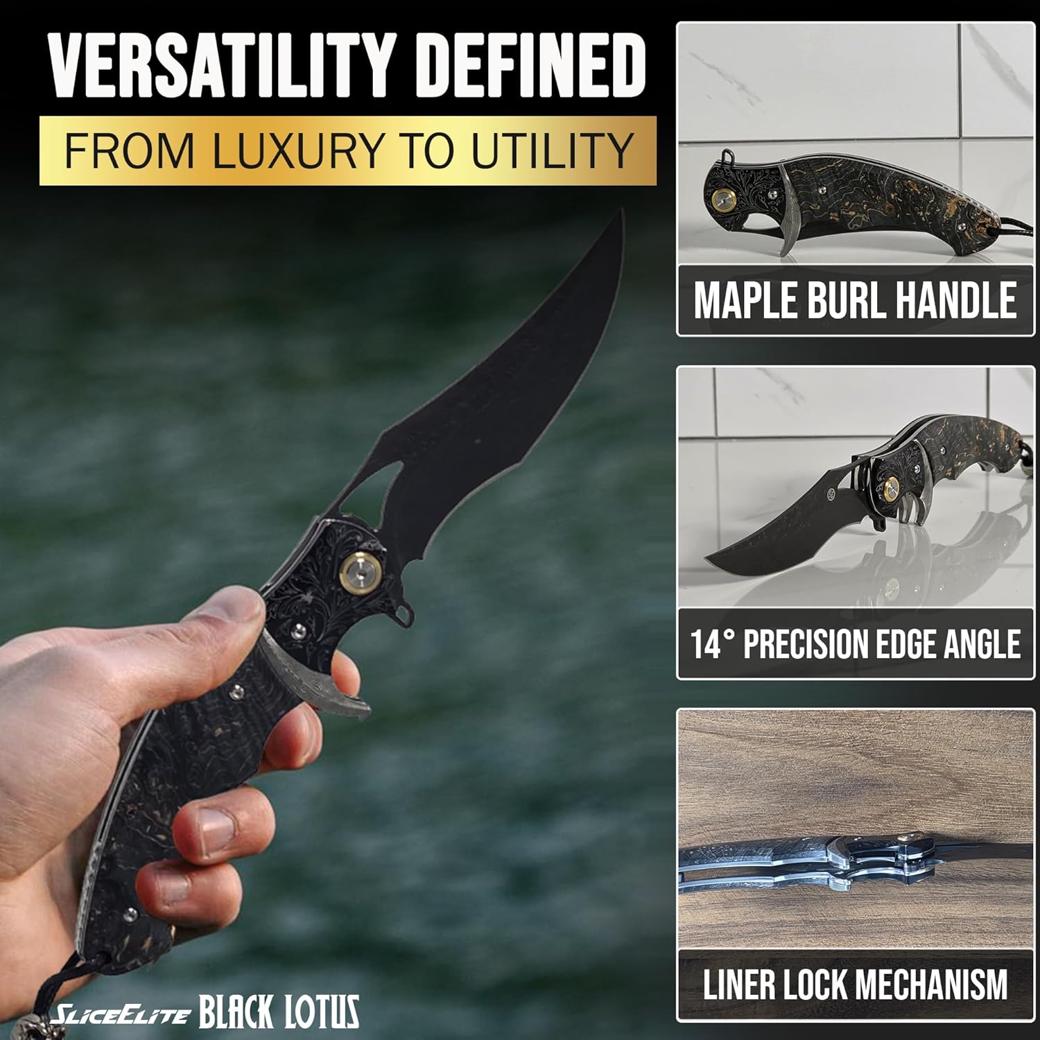 SliceElite Black Lotus Folding Knife VG10 Damascus Steel 89 Layer Blade Stabilized Maple Burl Wood Handle Compact Small Pocket Folding Knife for Everyday Use Gifting and Travel Carry