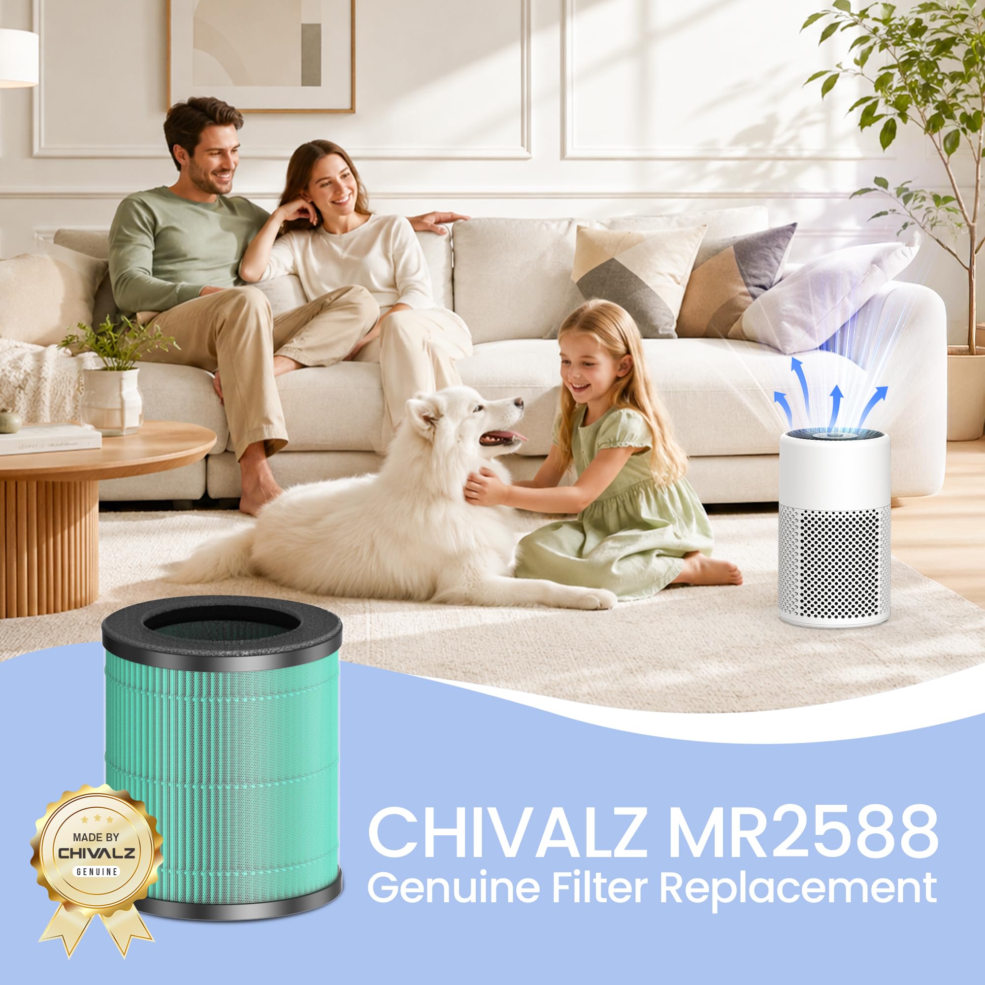 Oryginalny filtr zastępczy do oczyszczacza powietrza CHIVALZ MR2588, 1 opakowanie 4-stopniowego H13 True HEPA i węgiel aktywny do oczyszczacza powietrza MR2588, pułapek sierści zwierząt domowych i