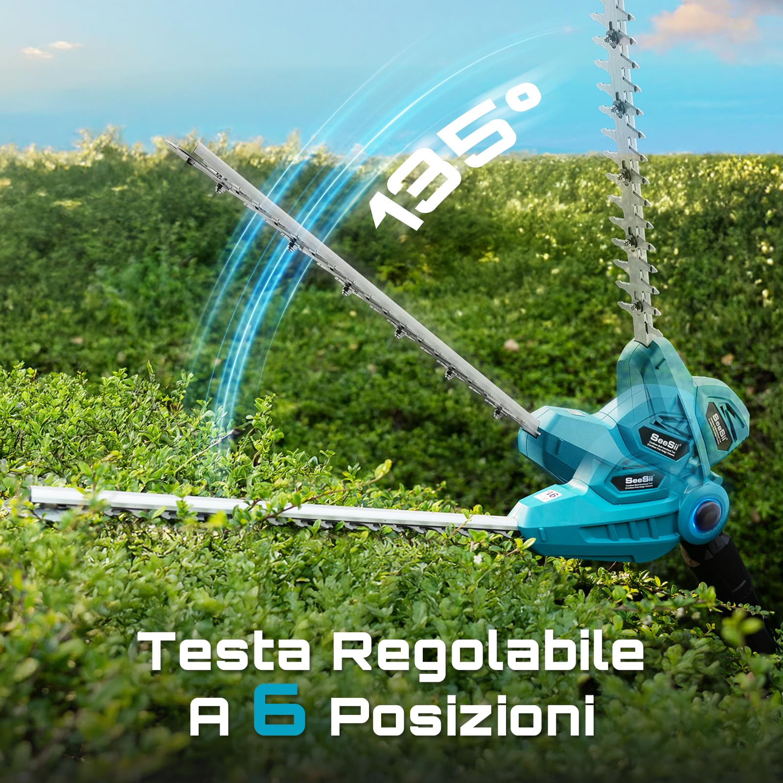 SEESII Tagliasiepi Telescopico a Batteria 2,6 m, Tagliasiepi a Batteria da Giardino con Lama Doppia da 40 cm, 2 * Batterie 4.0Ah, Testa Girevole a 135°, Potente per Siepi, Alberi e Arbusti