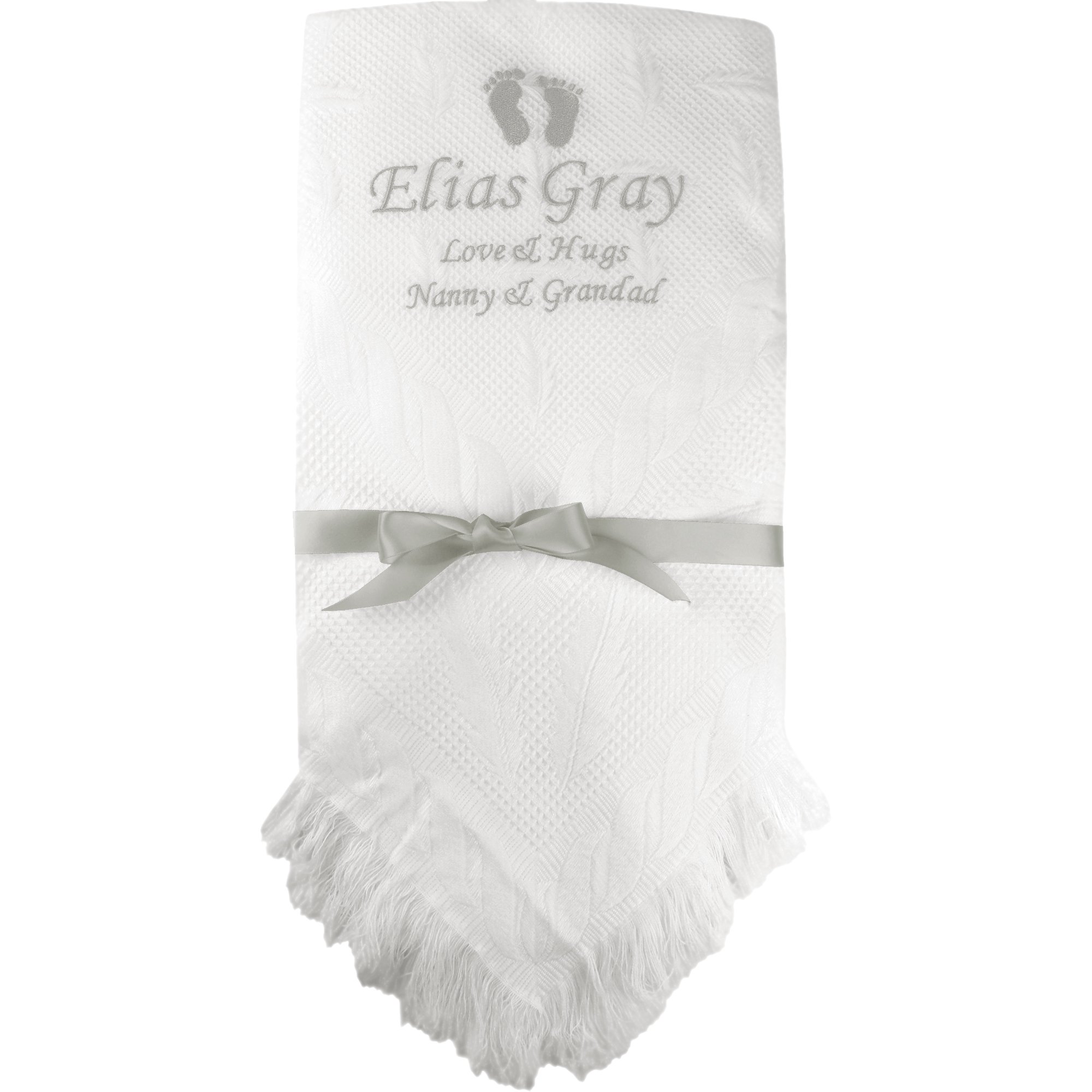Teddyt's White With Silver Personalised Love & Hugs White Baby Shawl Blanket Gift (White With Silver)