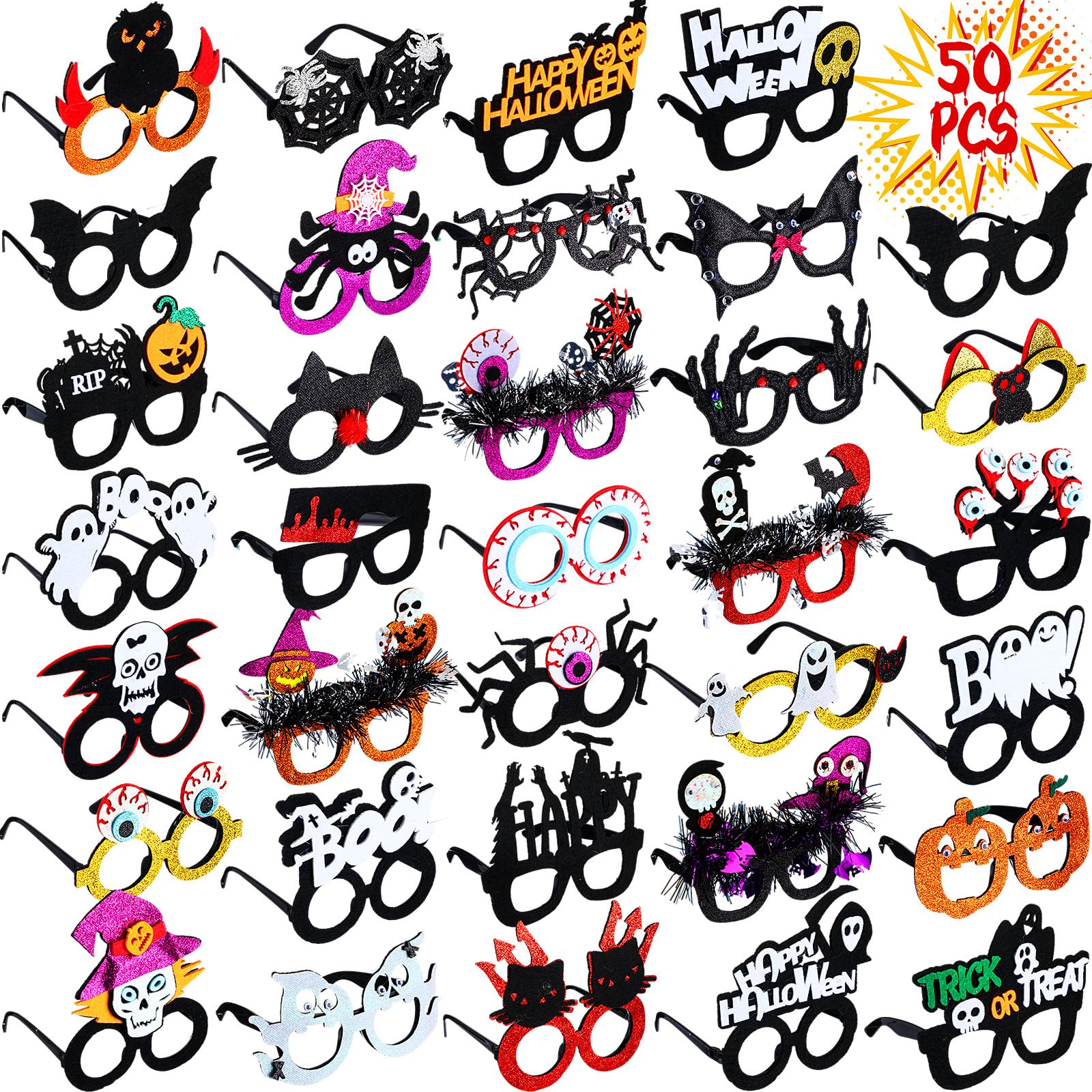 Hotop 50 Pcs Halloween Glasses Plastic Halloween Eyeglasses Novelty Funny Glasses Frame Pumpkin Spider Ghost Skull Eyeball for Kids Adult Party Favor Photo Booth Props