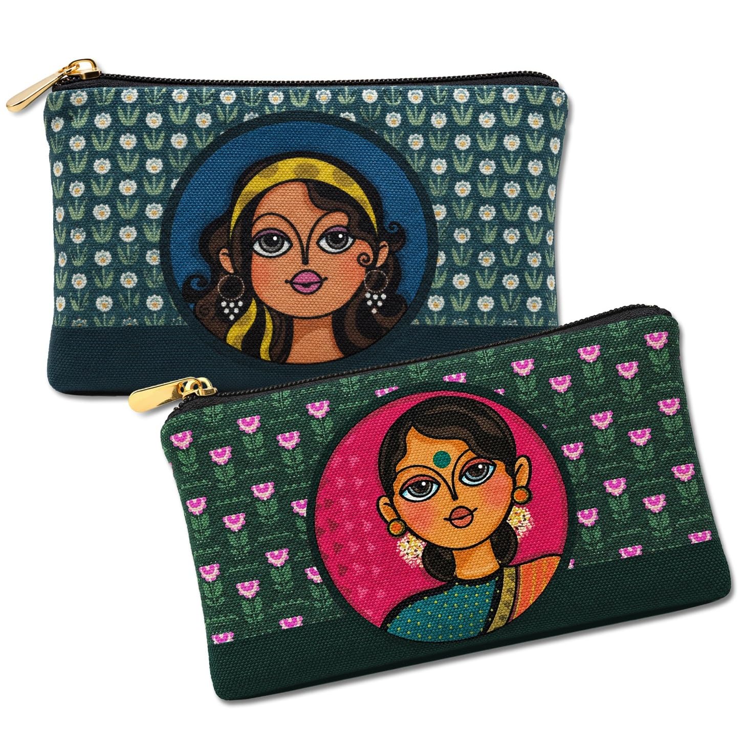 Cotton Canvas Multipurpose Pouch Purse for Women | Set of 2 Zipper Pouches | Coin Pouch | Cash, Coins, Cards, Earbuds & Keys | 6.5 x 3.75 Inches (Jyoti-Dipti)-image-2