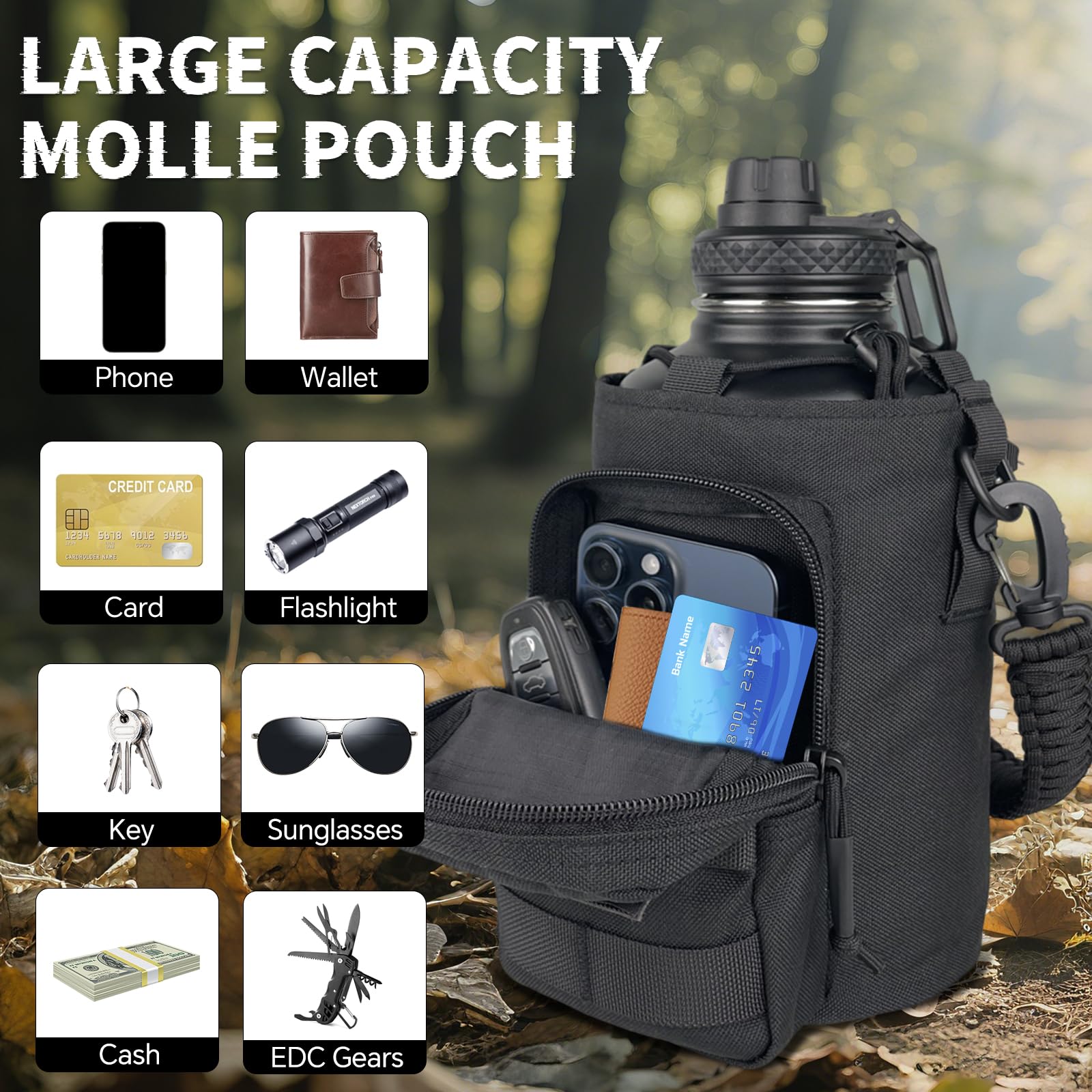 DEFUNX Isolierte Wasserflasche mit Hülle, taktischer 1,8 l Edelstahl-Wasserkrug mit MOLLE-Wasserflaschentasche, Fitness-Wasserflaschen für Herren, Wandern, Workout, Schwarz