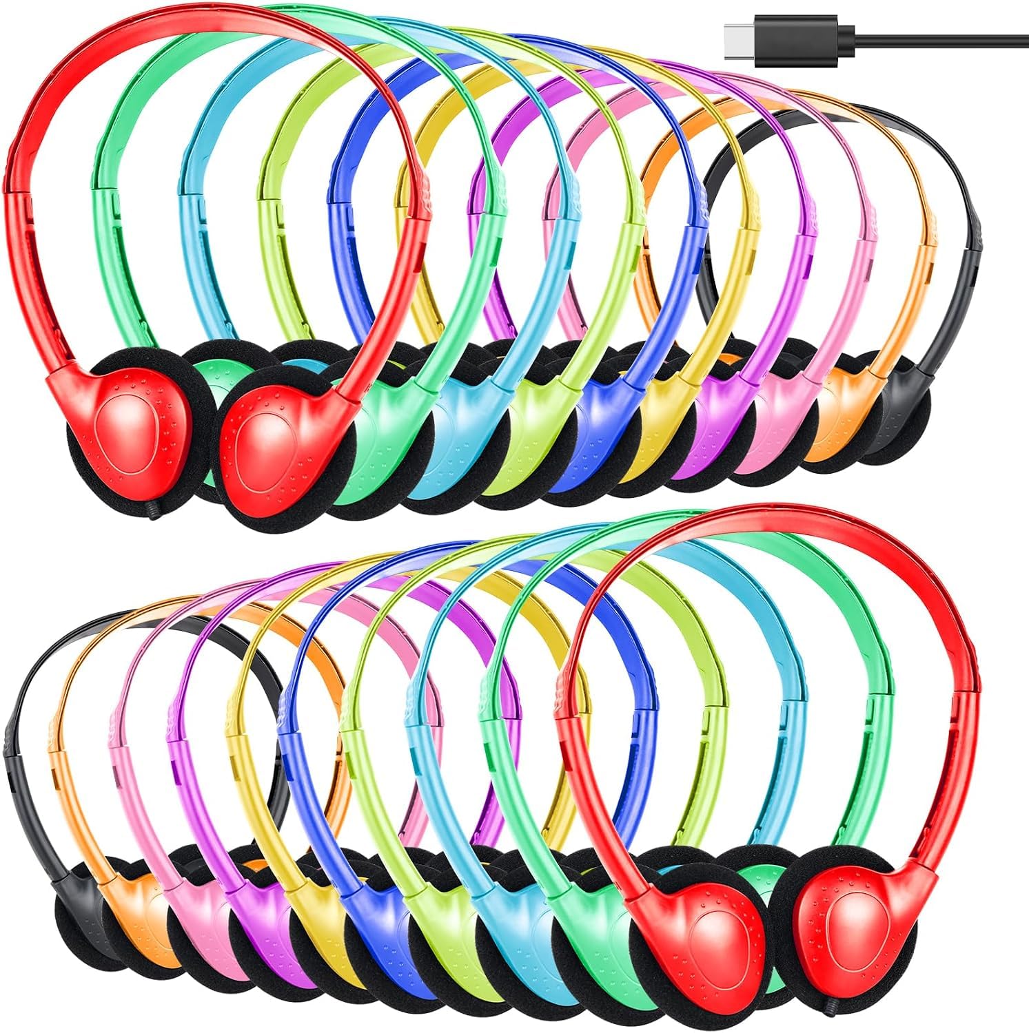 USB Type C Headphones Bulk for Classroom Kids School 100 Pack | Wired On Ear USB C Headphones Bulk for Students Teens On Line Learning Compatible with Tablet Pad Smartphones Multi color