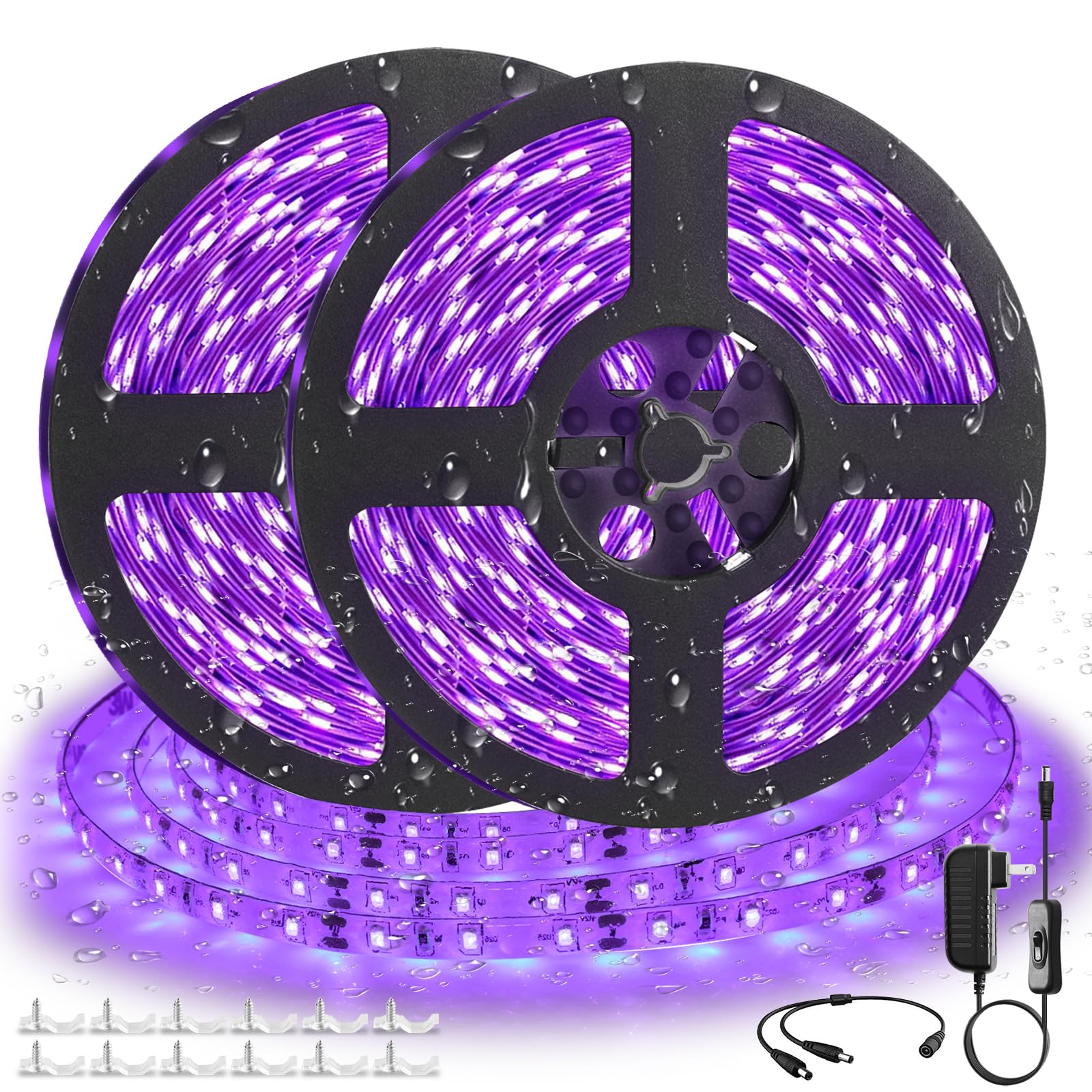 SHGPODA Waterproof 33FT/10M LED Black Light Strip kit, IP65 Blacklight Strip with 600 LED, 12V, 385-400nm, Flexible Blacklights for Glow in The Dark Birthday Wedding Party Night, Halloween, Christmas
