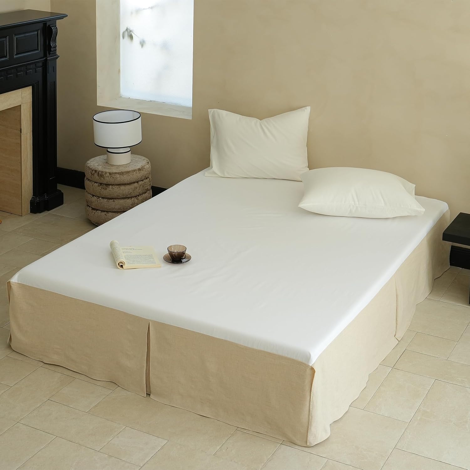 Simple&Opulence French Linen Bed Skirt with Classic 14 inch Drop Dust Ruffle, Tailored Draped Premium Natural Flax Cotton Blend Basic Dust Easy Fit Breathable Farmhouse Bedding (Twin, Basic Linen) 14" Twin Flax Cotton-basic Linen