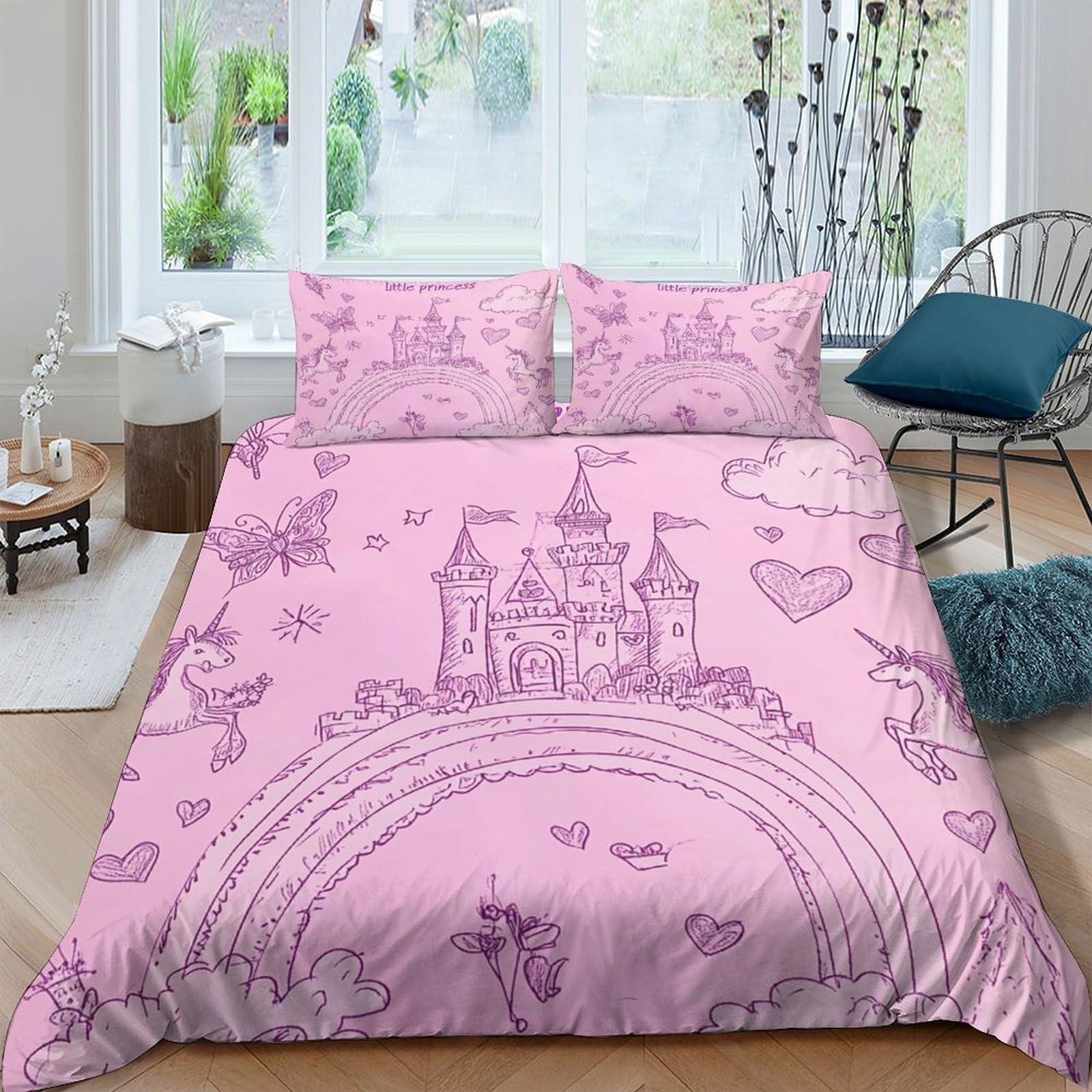 Ctjqhvkz Style-4 3D Printed Pink Castle Rainbow Fitted Sheet Microfiber Soft Bedroom Decor Unicorn Heart Mattress Cover Single（135X200cm）