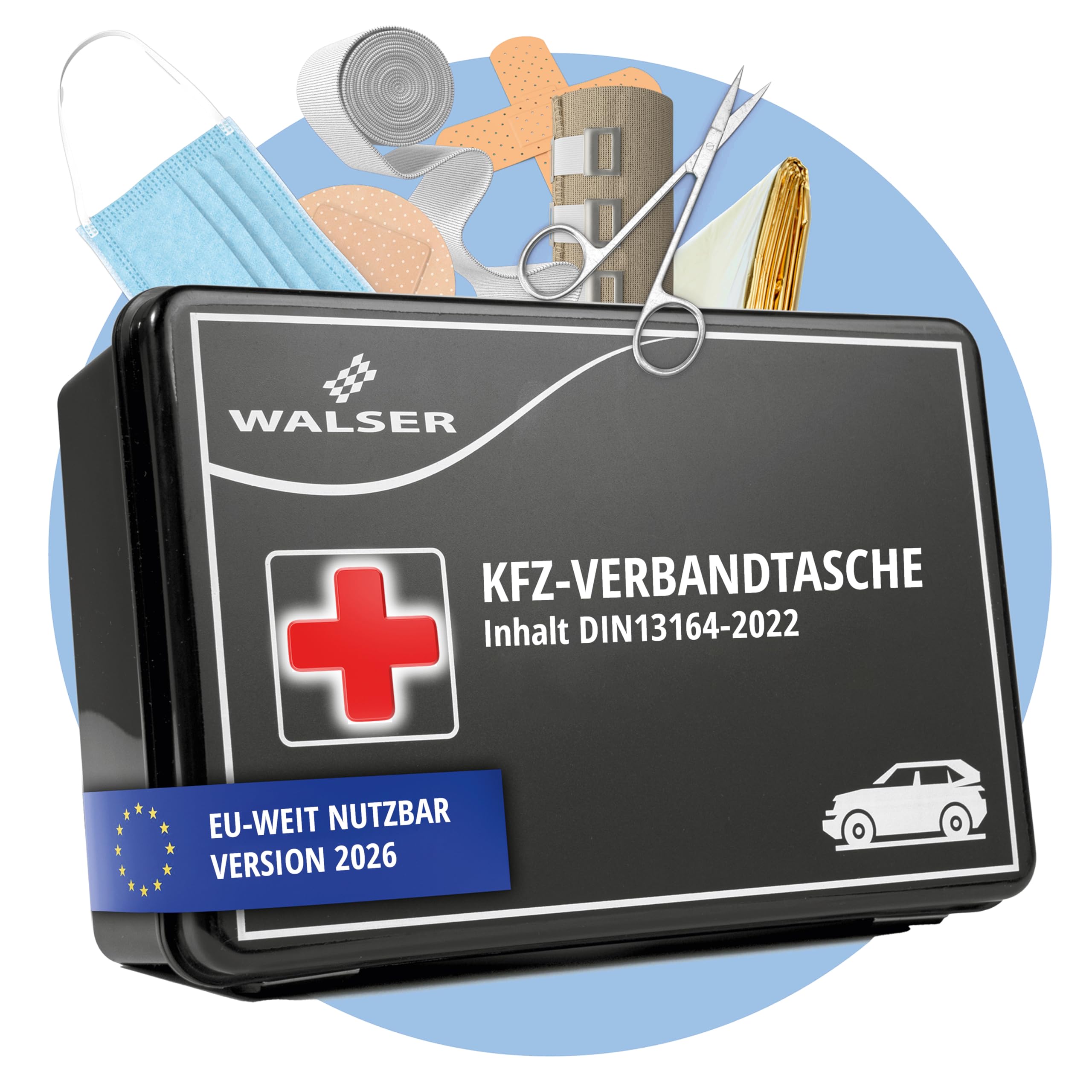 Walser Erste Hilfe Set Auto 2025 – KFZ-Verbandkasten DIN 13164:2022, rot