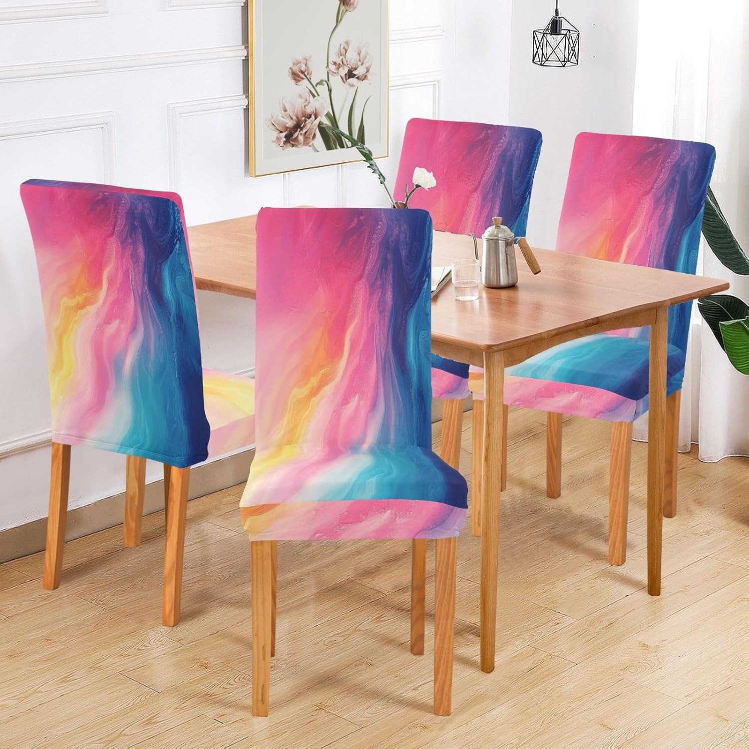 ALAZA Chair Covers for Dining Room, Pink Yellow Blue Rainbow Color Stretch Chair Cover Sets Chair Protector Removable Washable for Ktichen Restaurant Hotel