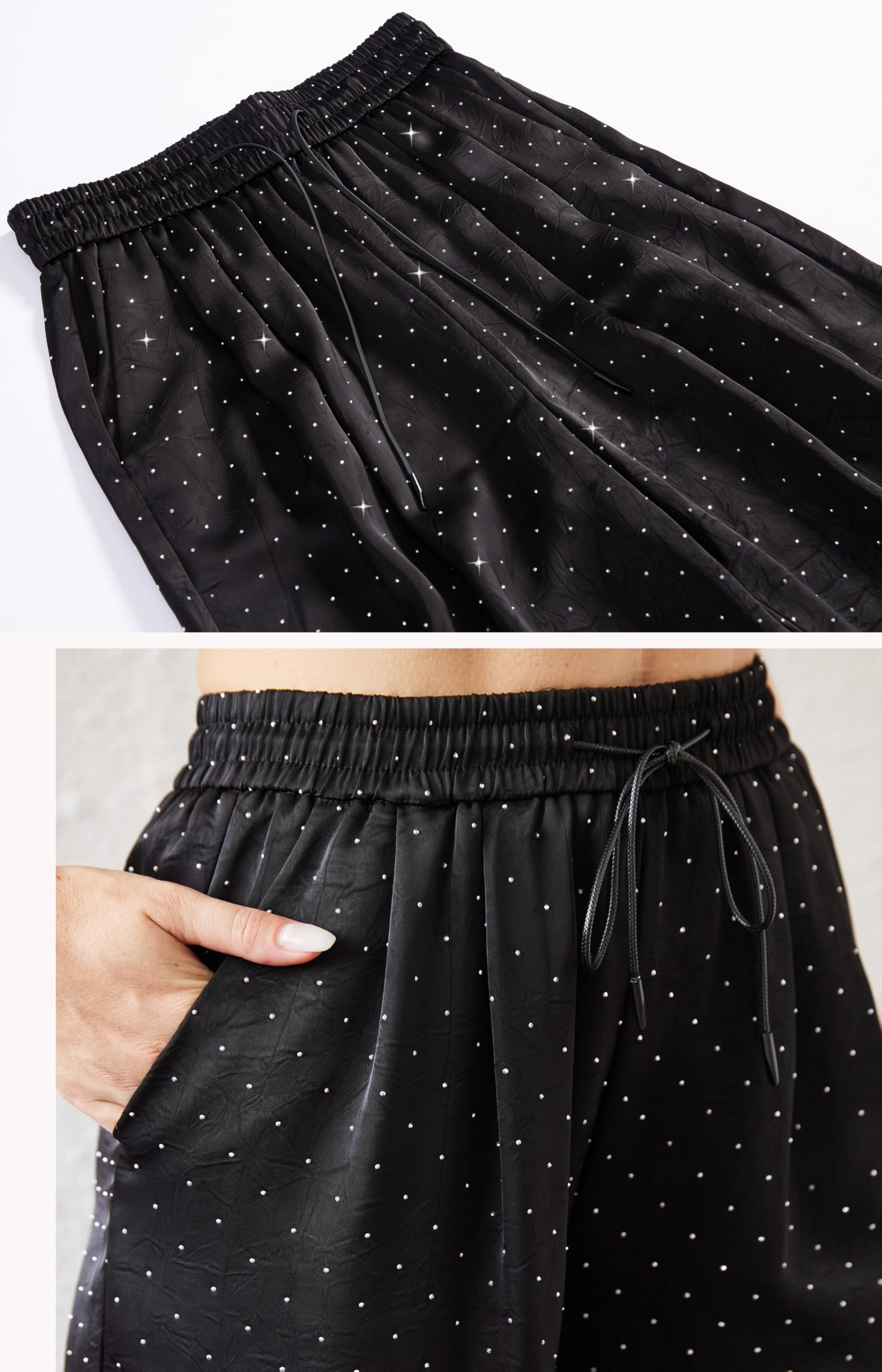 Pantalon soyeux en satin avec strass et paillettes - Taille haute - Jambe large - Brillant - Pour fête, travail, boîte de nuit