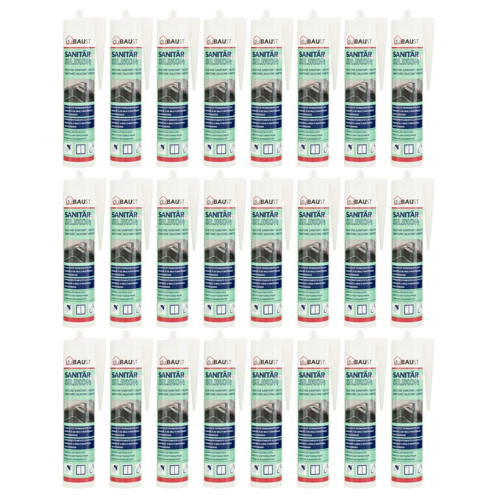 SAS24 - Cartucho de silicona sanitaria (24 unidades, 310 ml, resistente al moho, resistente al moho, para baño, cocina, ducha, habitaciones húmedas, 310 ml)