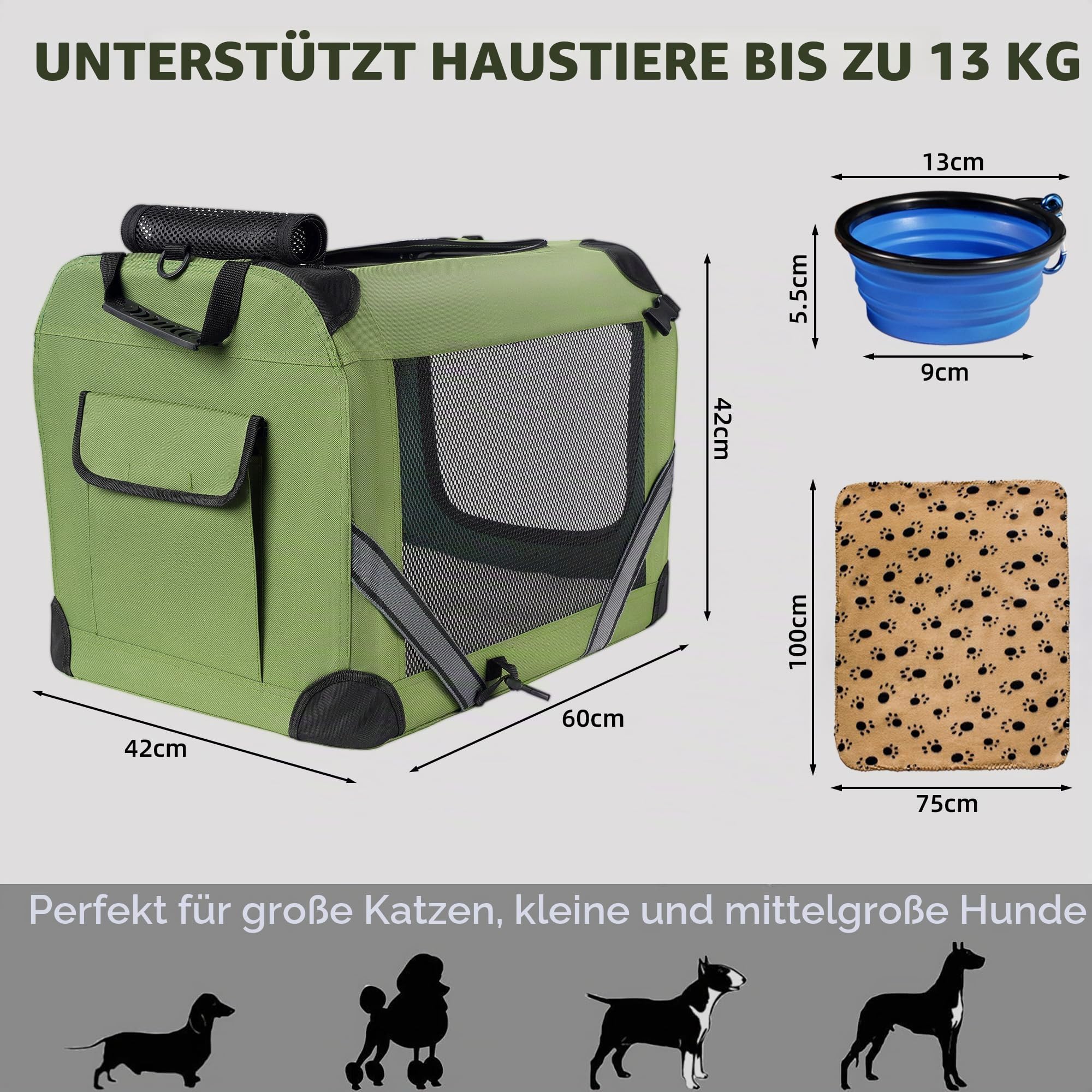 Petprsco Großer Katzentransportbox für 2 Katzen oder kleine Hunde, weicher Haustier-Transportkorb 60x42x42 cm zum Reisen mit Warmer Decke, Faltbarer Schüssel und waschbarem Pad