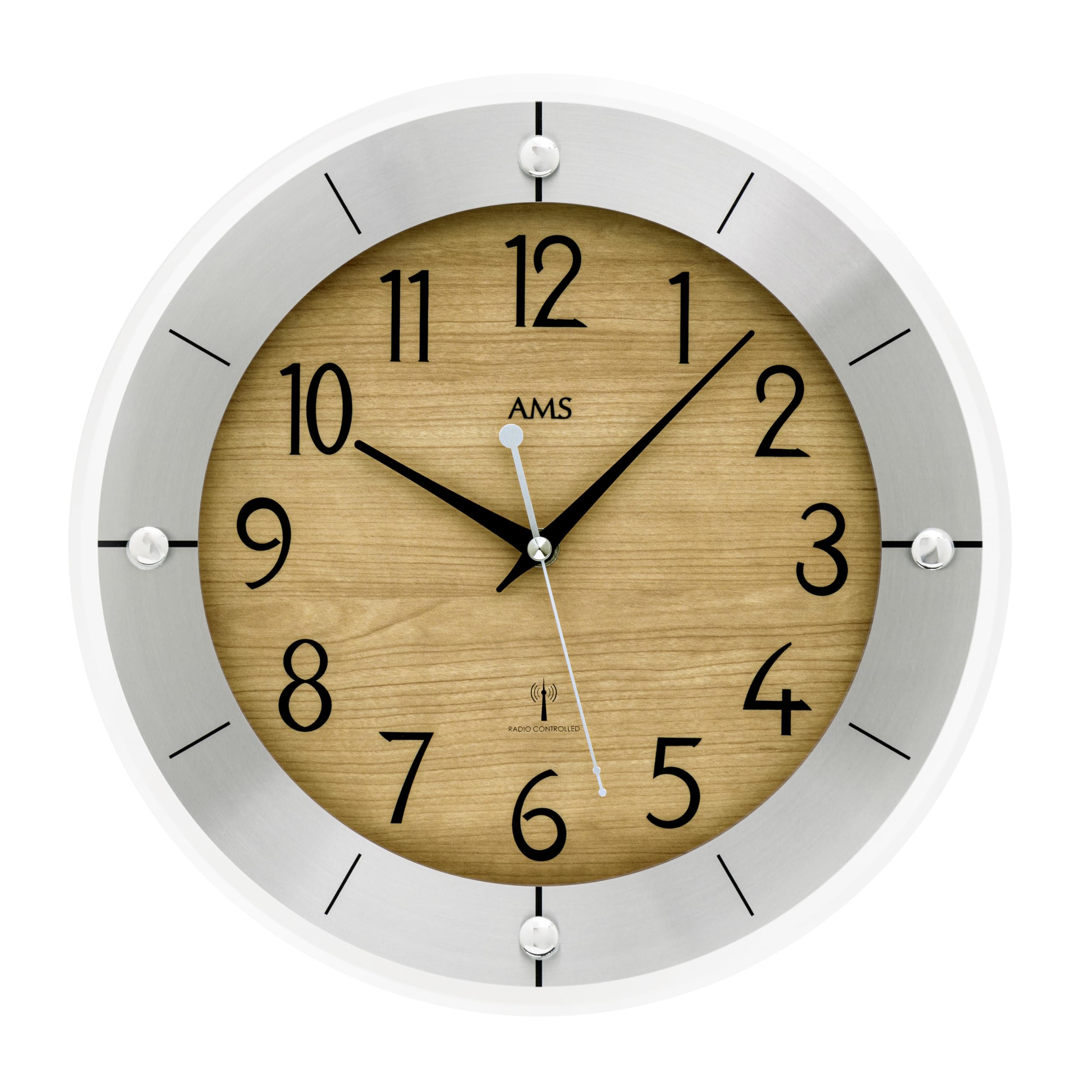 AMS Wanduhr 5592 - Funk-Wanduhr, Aluminiumgehäuse, 31cm, Wohnzimmeruhr, arabische Ziffern