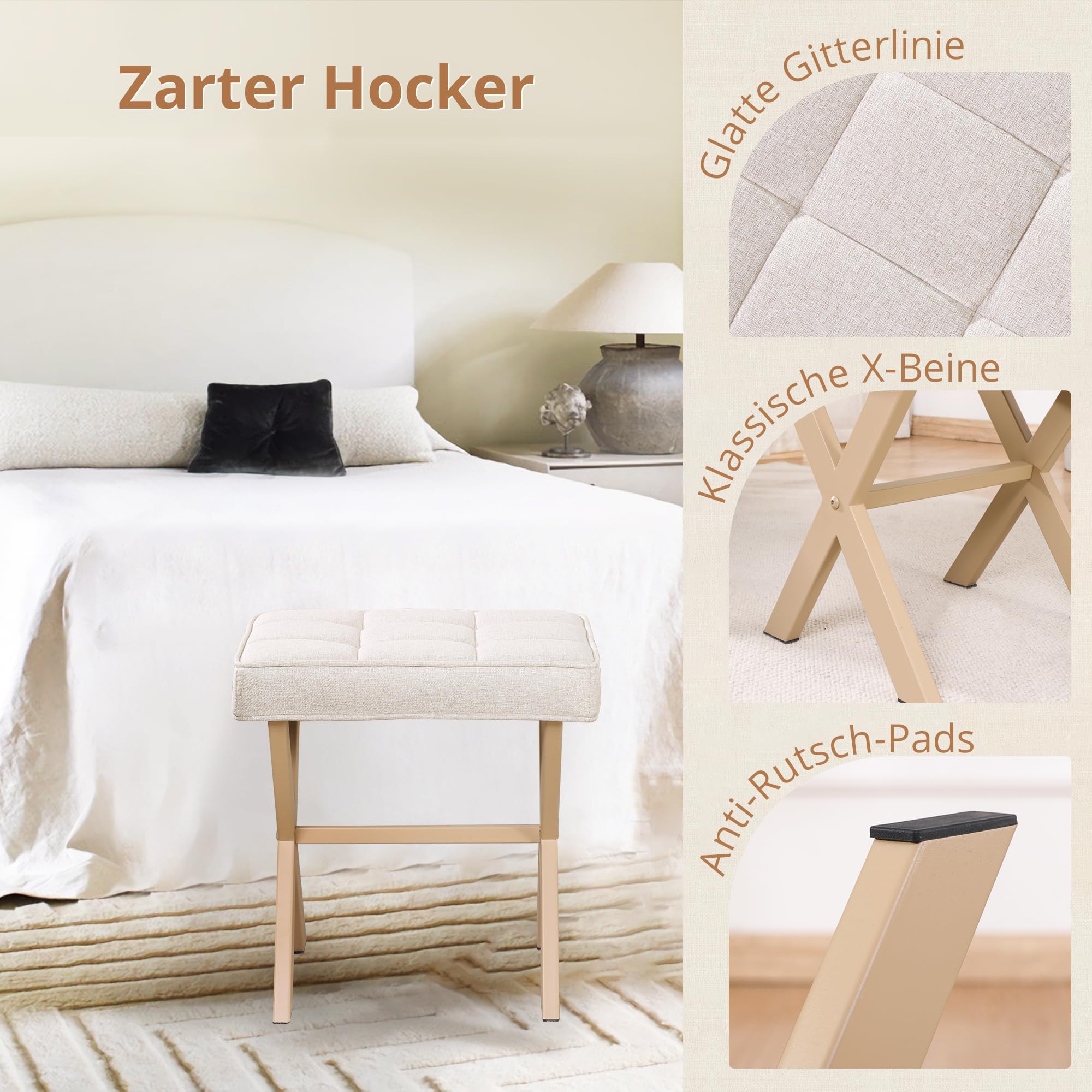 LUE BONA Fußhocker,Make-up Hocker mit X-Bein,Polsterhocker,Schminkhocker,Ottoman Sitz Fußstütze Hocker,Leinen Sitzhocker für Wohnzimmer,Schlafzimmer,43 x 33 x 46 cm,Leinen-Sand