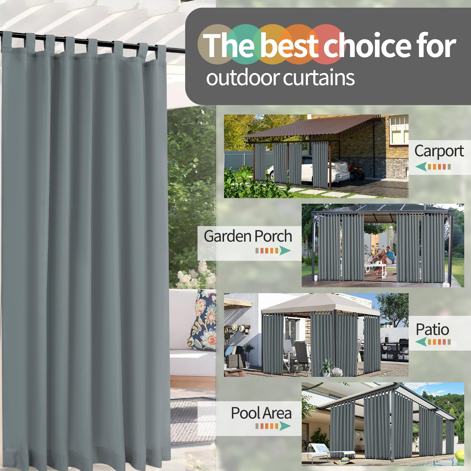 2 Stücke Outdoor Vorhang Wetterfest mit Klett-Schlaufen, Outdoorvorhänge Balkon Vorhang Terrasse Vorhänge Gardinen Sonnenschutz & Sichtschutz Vorhänge mit Schlaufen Unten, H260 x B155 cm, Dunkelgrau