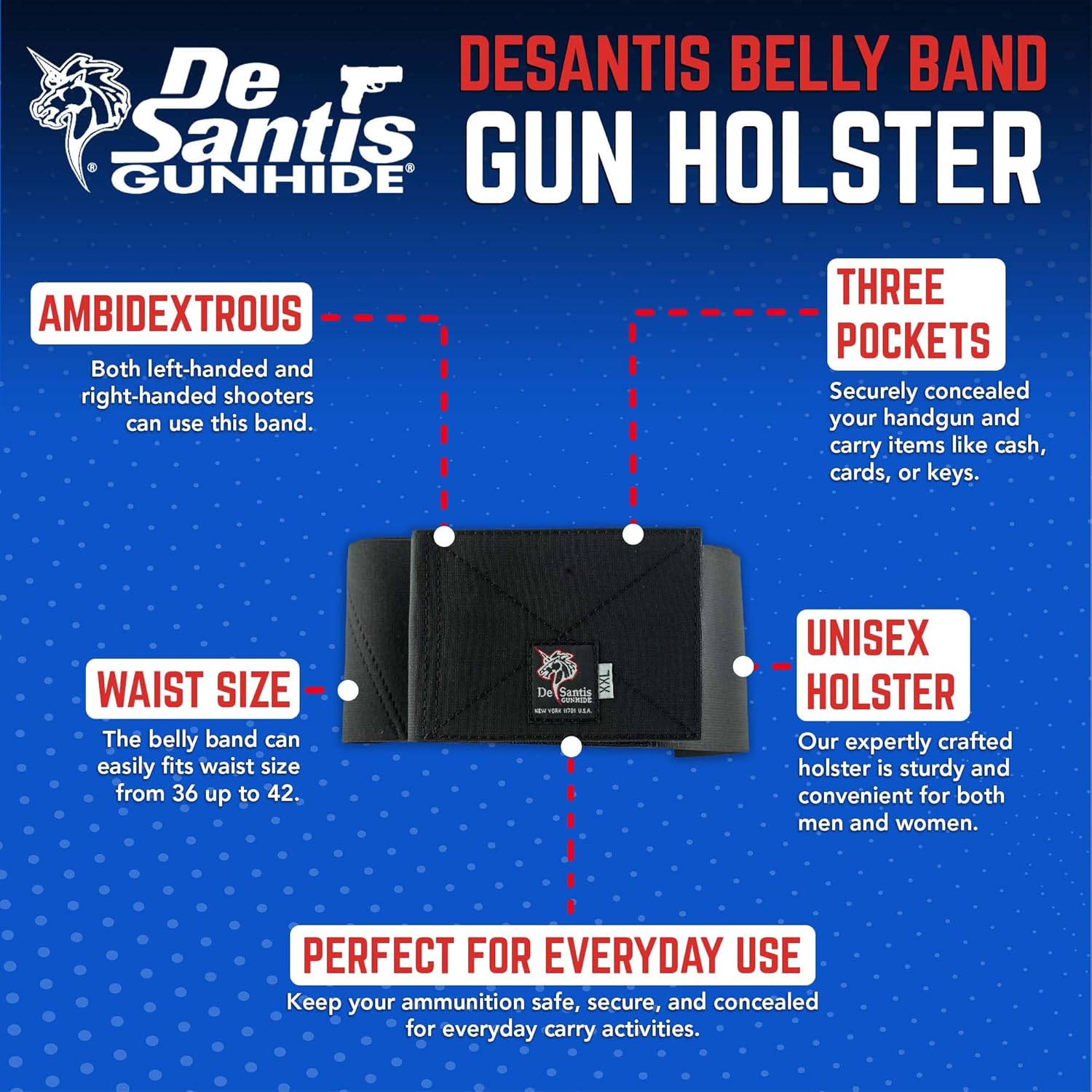 DeSantis Belly Band Gun Holster for Men and Women - Elastic Holster for Concealed Carry, Ambidextrous, Compatible with Most Small Frame Concealable Handguns - Black, Large (Fits Waist Size 36-42)
