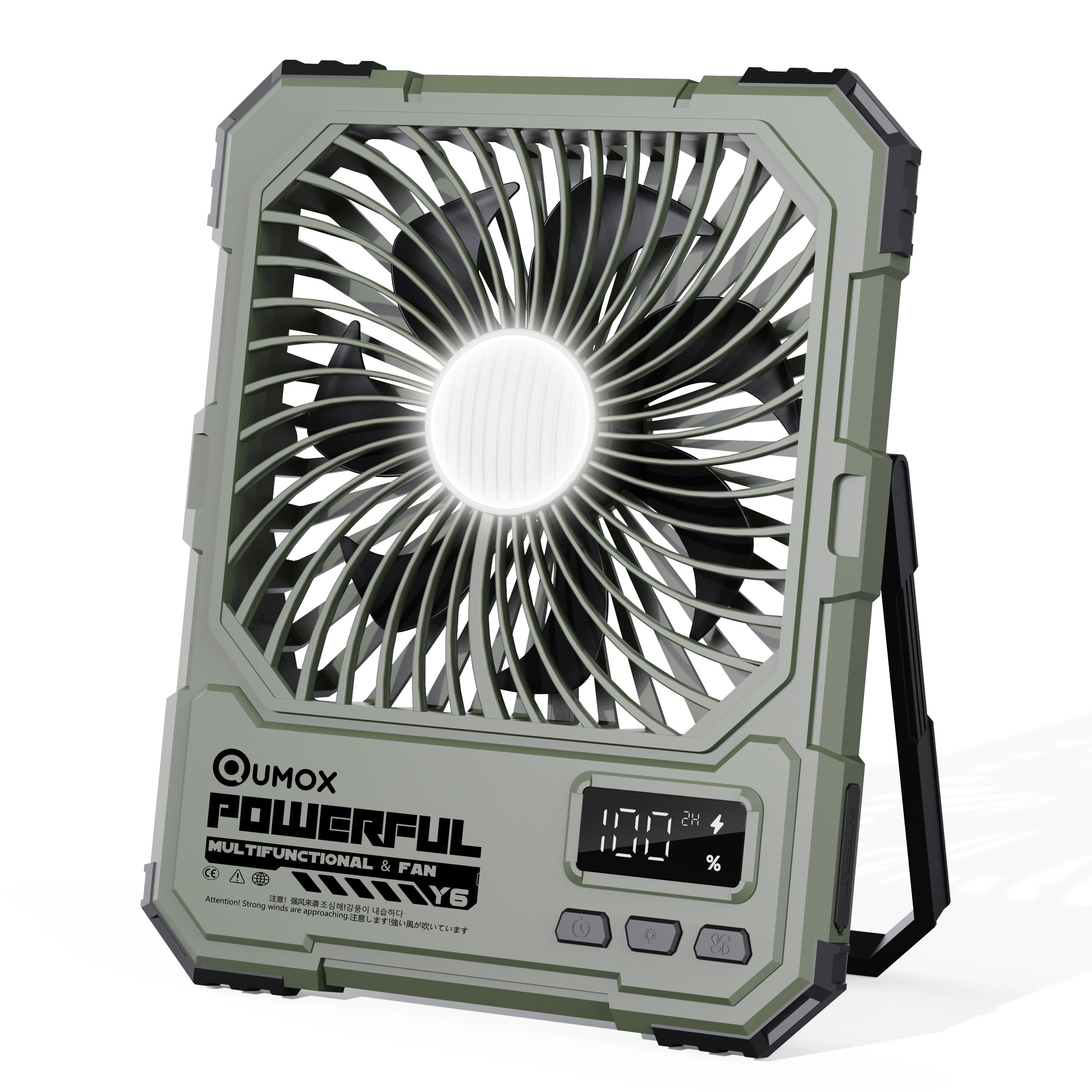 QUMOX Ventilatore da Campeggio Ricaricabile 20000mAh con Luce LED, Telecomando, 100 Livelli di Velocità, Timer 2/4/6H, Gancio e Supporto, Ventilatore Portatile per Tenda, Viaggio, Casa (Verde)