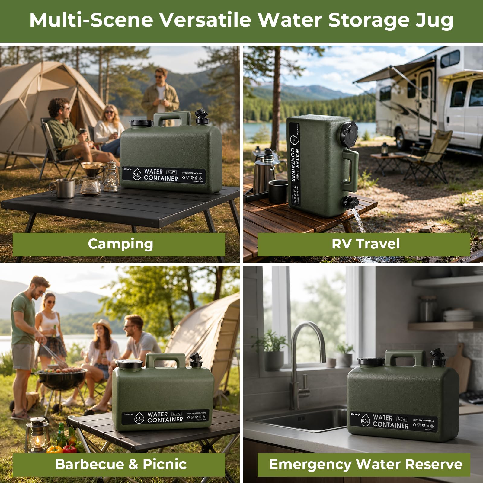 Hanaoyo Carafe d'eau de camping de 20 L, sans BPA, récipient d'eau portable avec robinet et tube d'extension, seau de stockage d'eau plat pour camping-car, camping en plein air, stockage d'eau