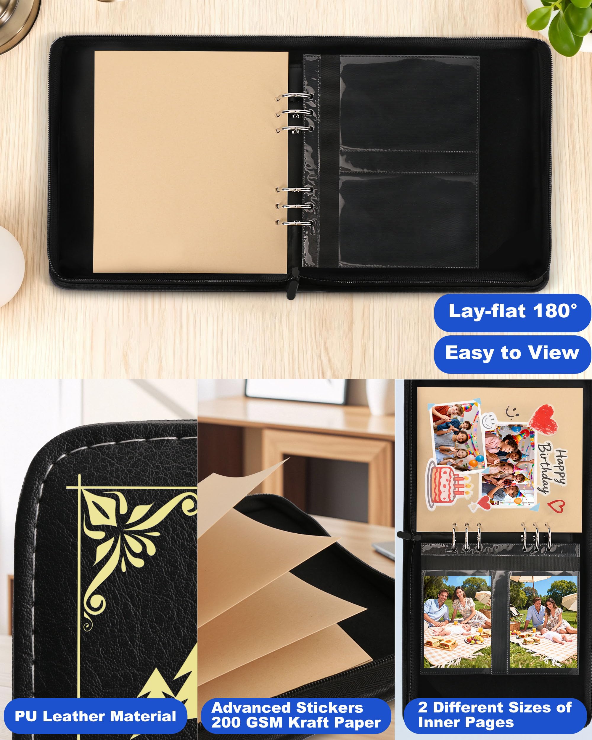 Skórzany album na zdjęcia, 10 x 15 cm, 200 zdjęć, zamykany na zamek błyskawiczny, z 50 stronami i 30 pustymi albumami do scrapbookingu, pamiątkowy pamiętnik, fotoksiążka dla rodziny, na ślub, dla