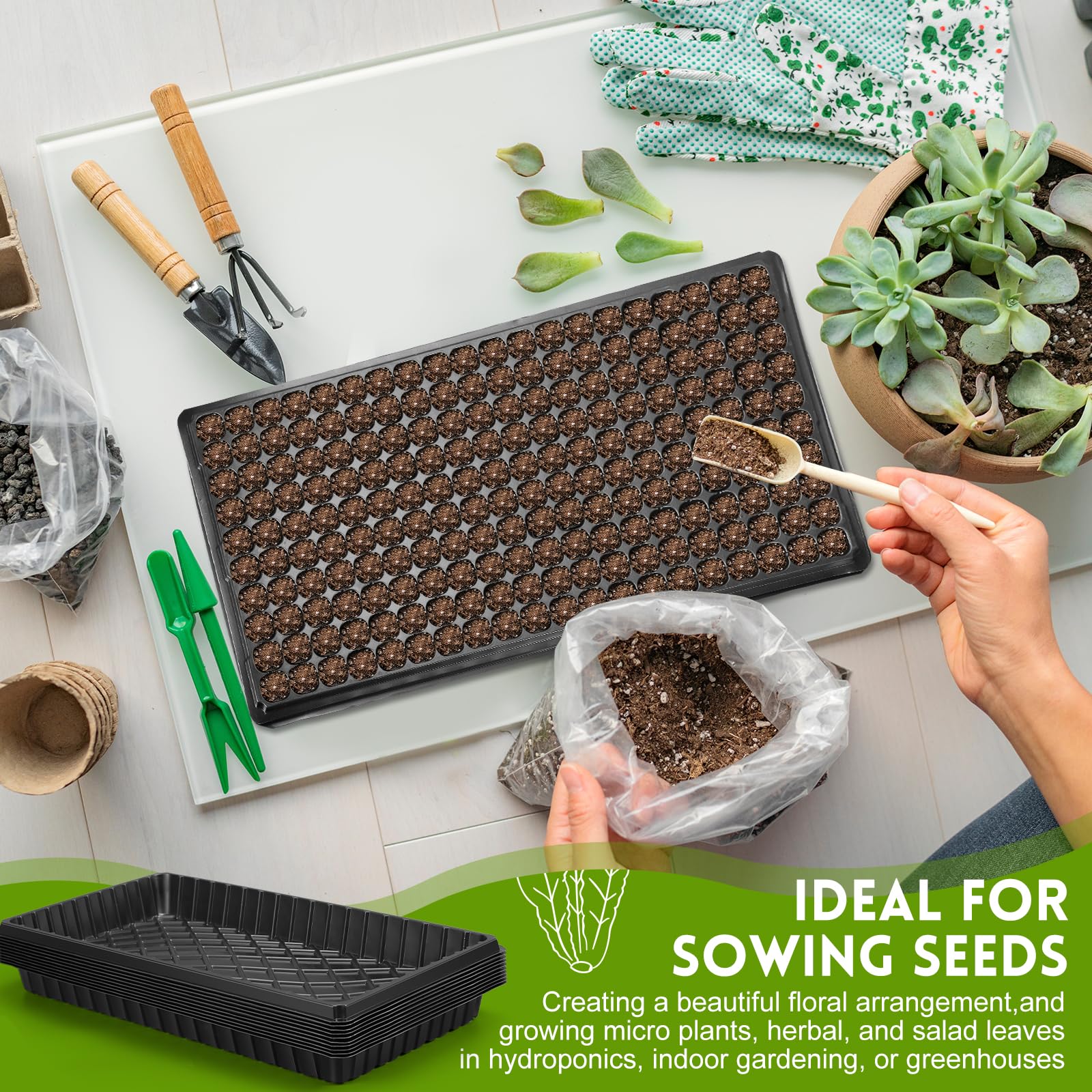 Hushee Paquete de 10 bandejas de cultivo de semillas de microgreens, 1020 bandejas sin agujeros, 10 bandejas de enchufe de 200 celdas y 100 etiquetas, bandejas de cultivo de plantas, bandejas de