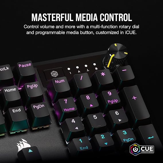 CORSAIR K70 CORE RGB Mechanical Wired Gaming Keyboard with Palmrest – Pre-Lubed MLX Red Linear Switches, SOCD, ABS Painted Keycaps, Sound Dampening, Media Control Dial, QWERTY UK – Black