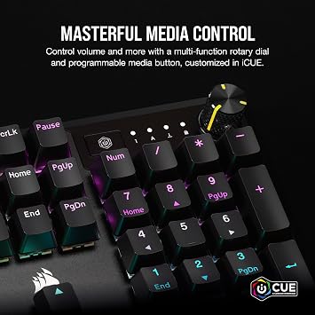 CORSAIR K70 CORE RGB Mechanical Wired Gaming Keyboard with Palmrest – Pre-Lubed MLX Red Linear Switches, SOCD, ABS Painted Keycaps, Sound Dampening, Media Control Dial, QWERTY UK – Black