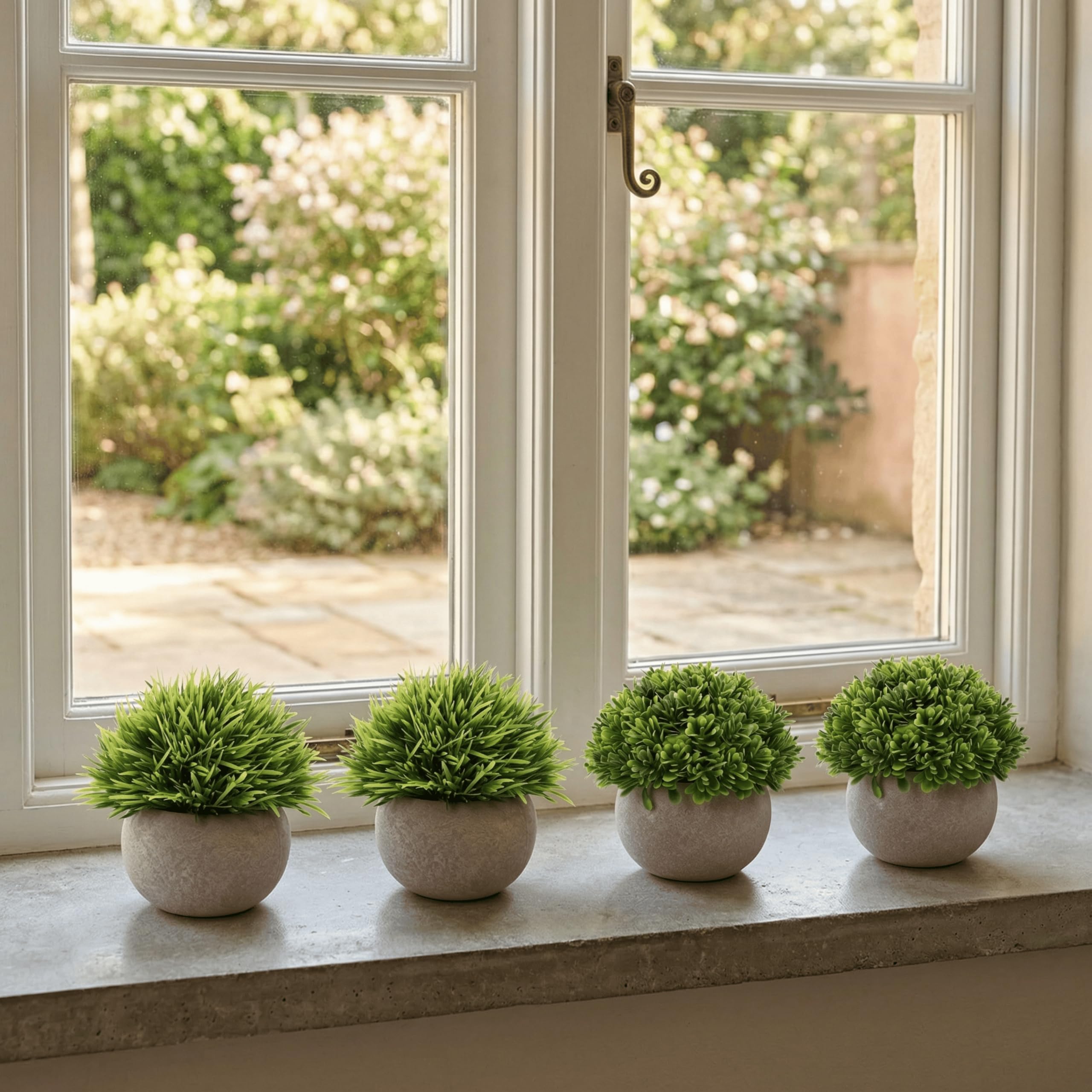 Dekorly® 4 Packs Artificial Potted Plants Bathroom Fake Shelf Plant Office Table Decor Mini Green Faux Topiary Kitchen Cabinet Farmhouse Decorations (4 Plastic Pots) 2