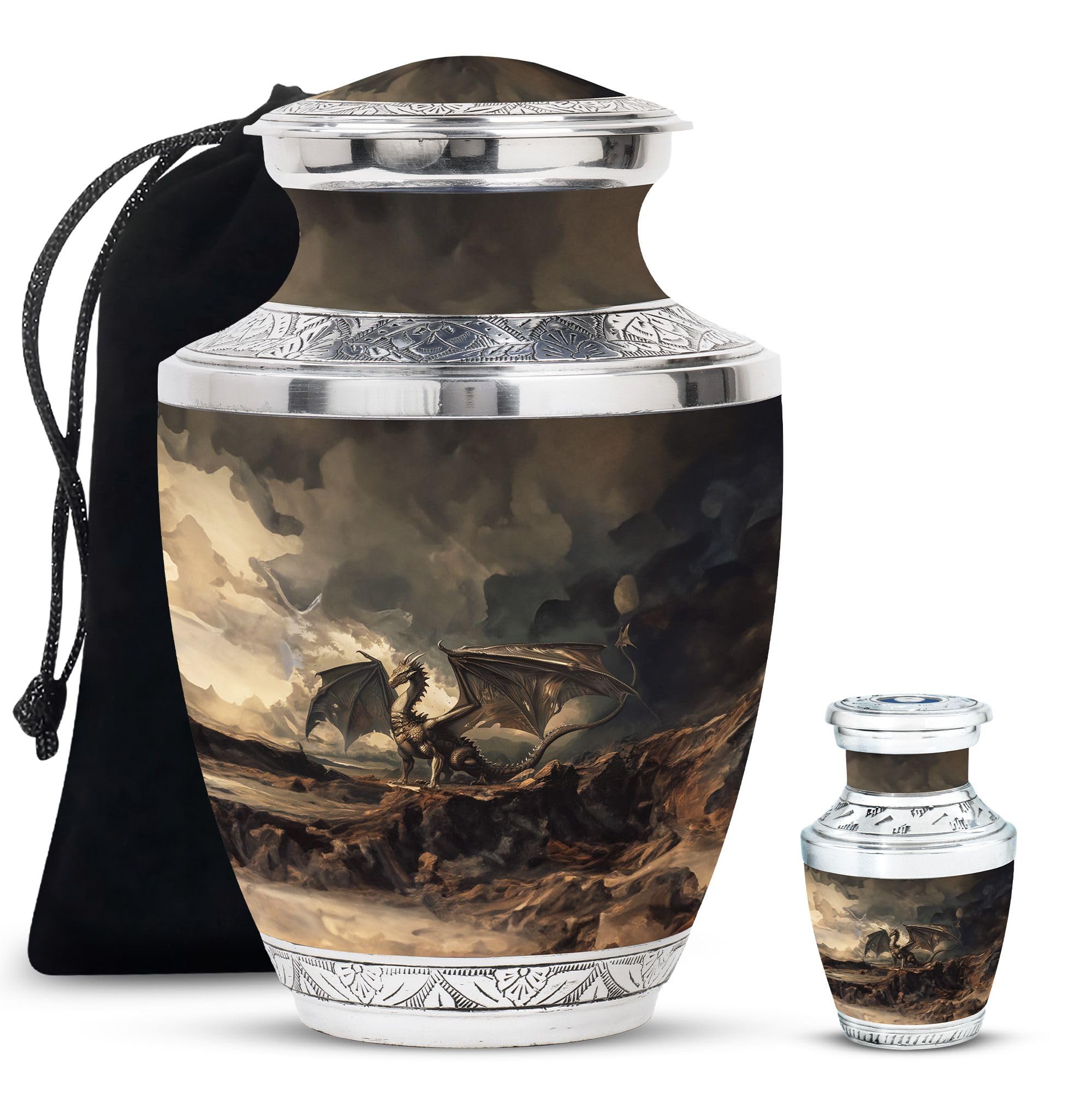 YATHABHISA Dragon Urn, Large Urns for Male & Female - Small Decorative Urn - Combo of 1 Large Urn with Velvet Bag and 1 Small - Metal Keepsake Urns - Cremation Urn for Human Ashes - Memorial Urns — image 1