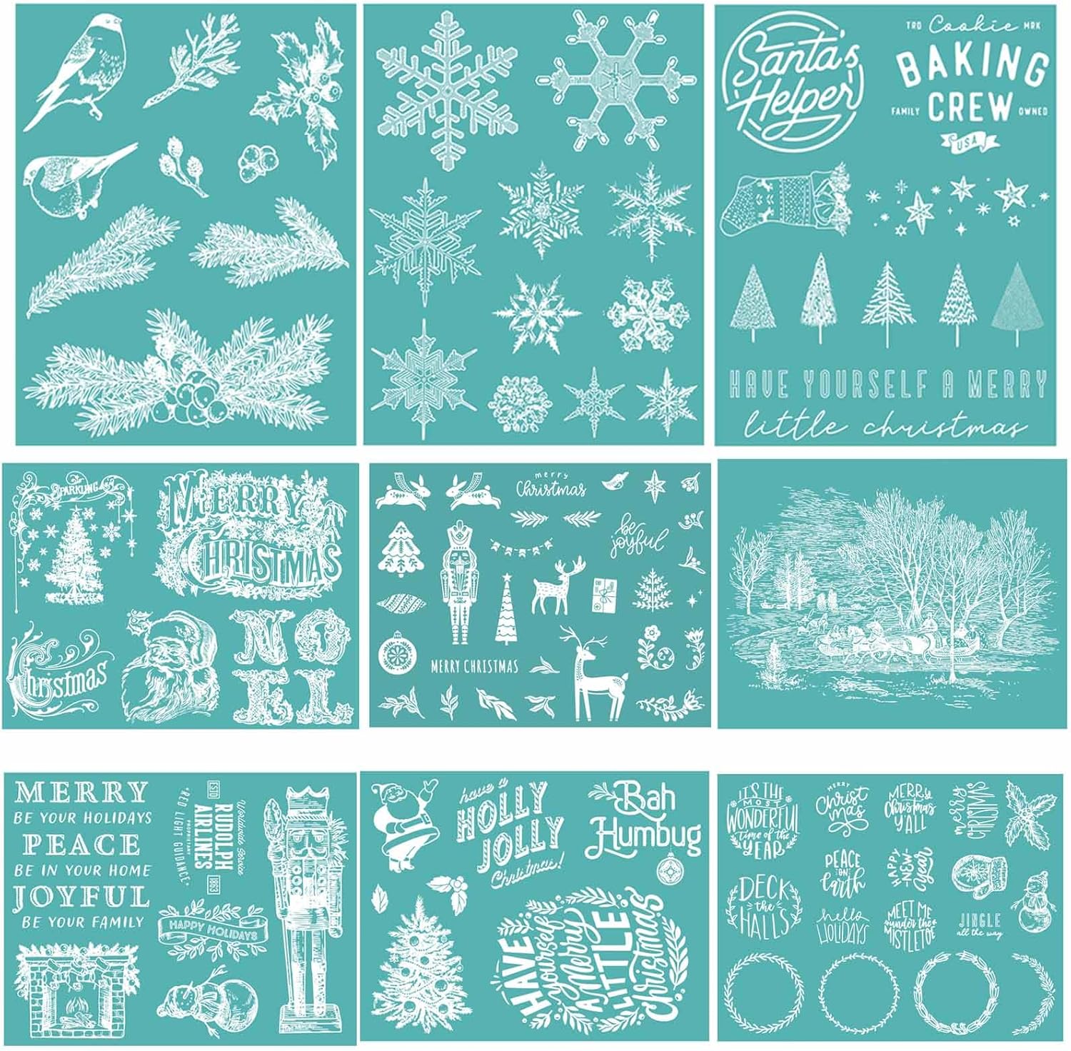 BAOFALI 9Pcs/Set Christmas Theme Silkscreen Stencil,Reusable Self-Adhesive Silk Screen Printing, for Decor/Printing on Wood/Fabric/Wall/Cup/Plate/Glass/Paper, Home Christmas Decorations(8.5x11inch)