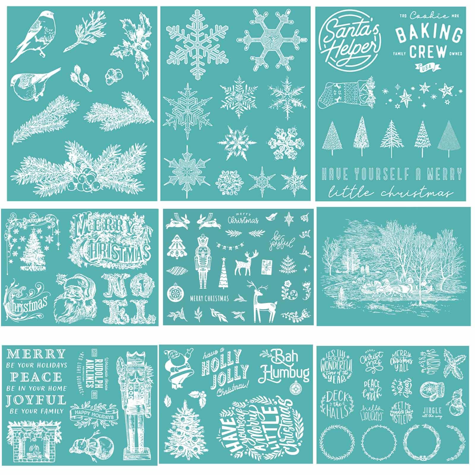 9Pcs/Set Christmas Theme Silkscreen Stencil,Reusable Self-Adhesive Silk Screen Printing, for Decor/Printing on Wood/Fabric/Wall/Cup/Plate/Glass/Paper, Home Christmas Decorations(8.5x11inch)