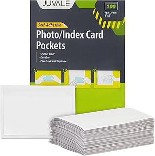 100 Pack Clear Self-Adhesive Pocket Label Holders for Index Cards 3x5, Bulk Top Load Plastic Sleeves for Storage