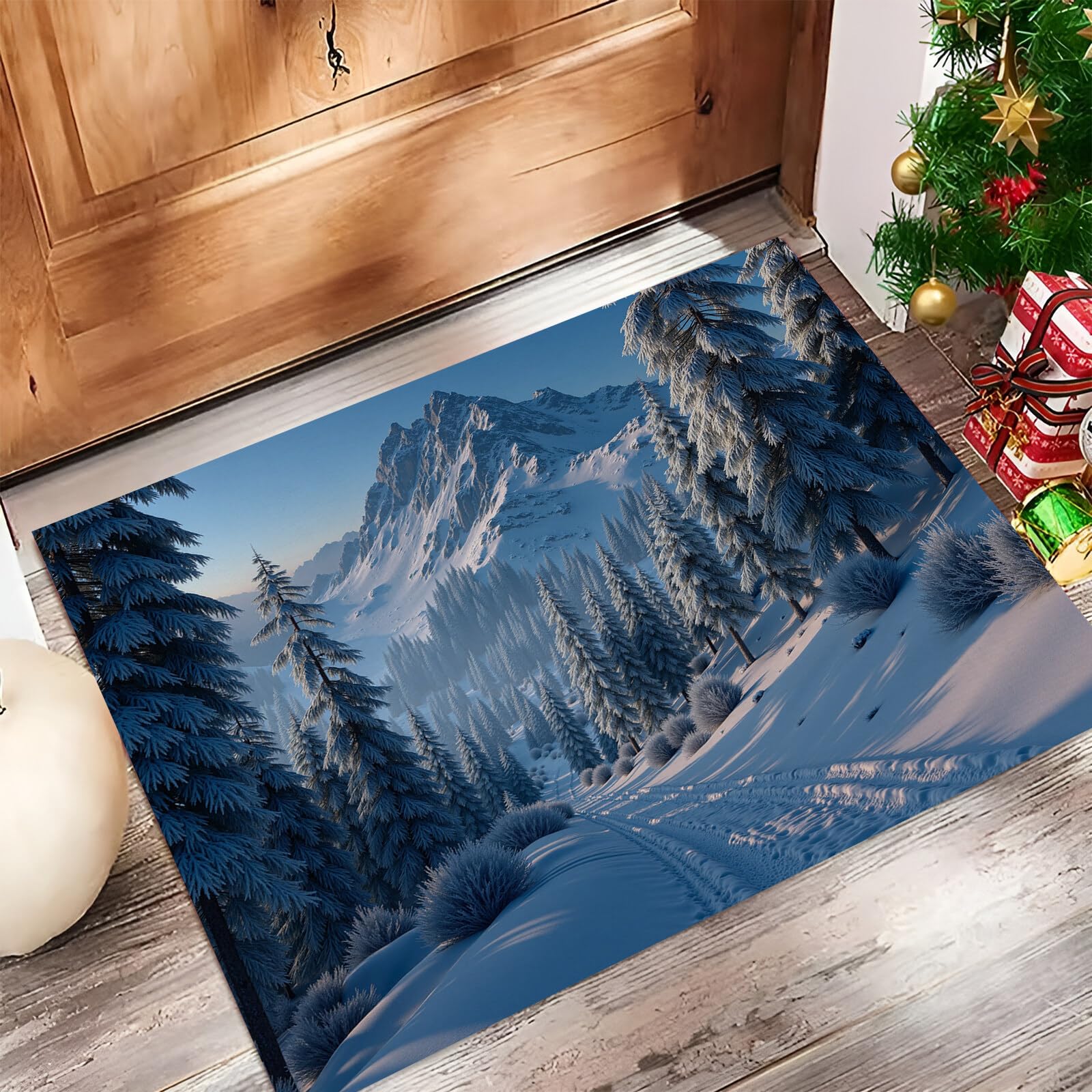 Tapete Azul Blanco Pinos En La Nieve Puerta Felpudo De Entrada Exterior Atrapar Suciedad Alfombra Paisaje Invernal para Interior Jardines Cocina Pasillo Trasera Delantera, 80X120Cm