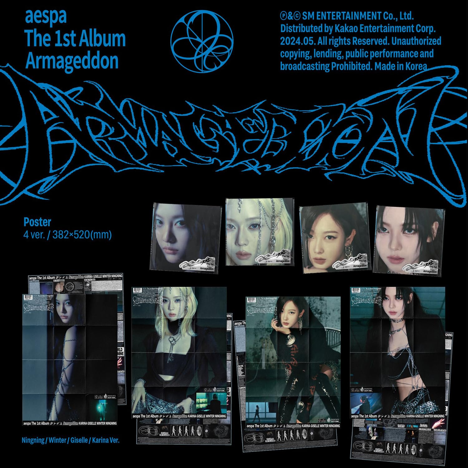 aespa - 1st Album [Armageddon] (Poster Ver. - Random Ver.) Poster R + Postcard + Sticker + Folded Poster + Photocard + 2 Pin Badges + 4 Extra Photocards