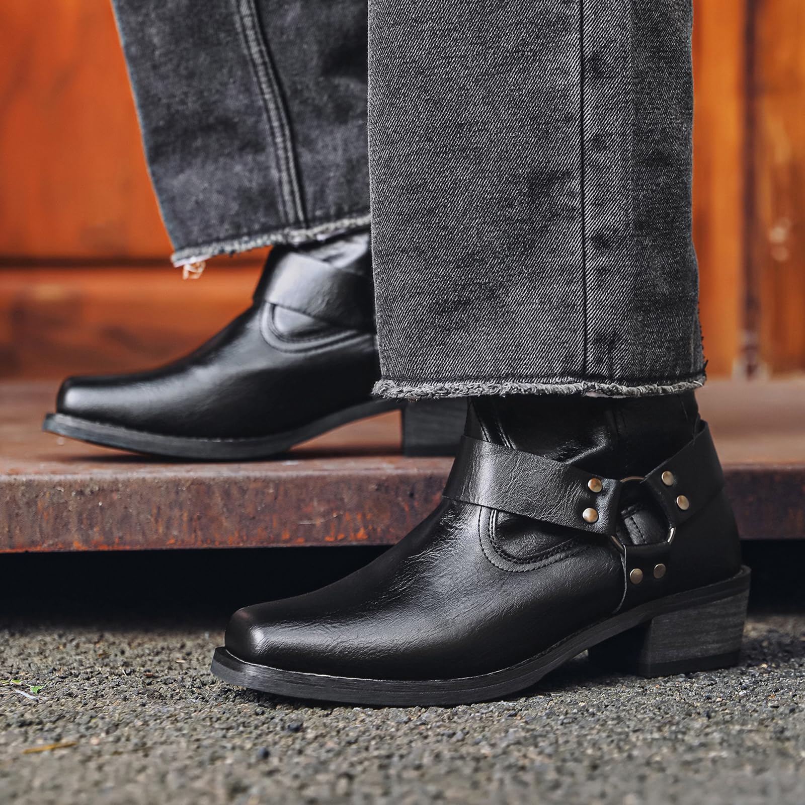 Herren Western Cowboy Stiefel Knöchelhoch Braun Motorrad-Harness-Stiefel Mit Blockabsatz Zum Hineinschlüpfen Chukka-Boots