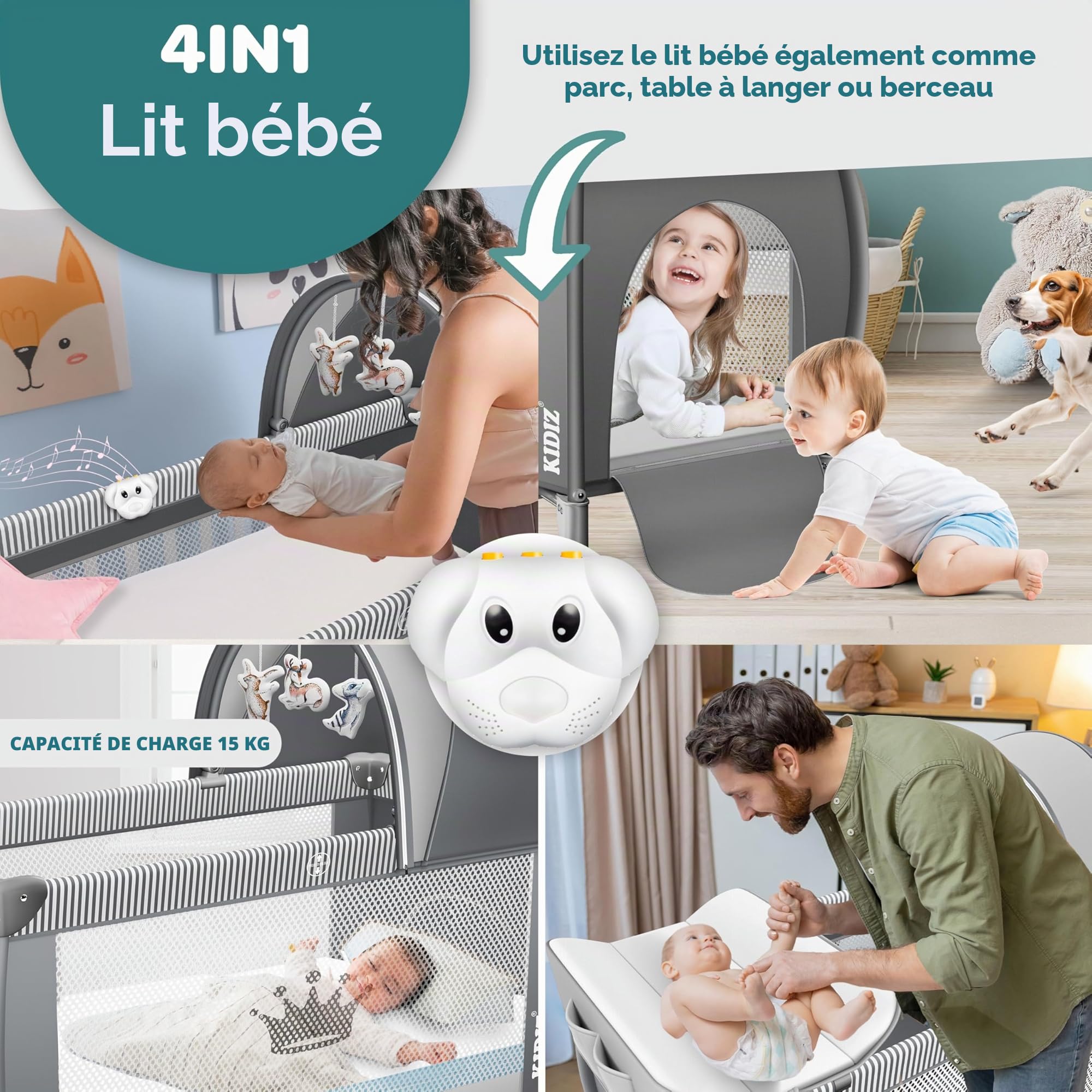 KIDIZ® Lit de Voyage 3 en 1 Parc Pliable avec Matelas à Langer, Moustiquaire, Gris de la Naissance à 15 kg